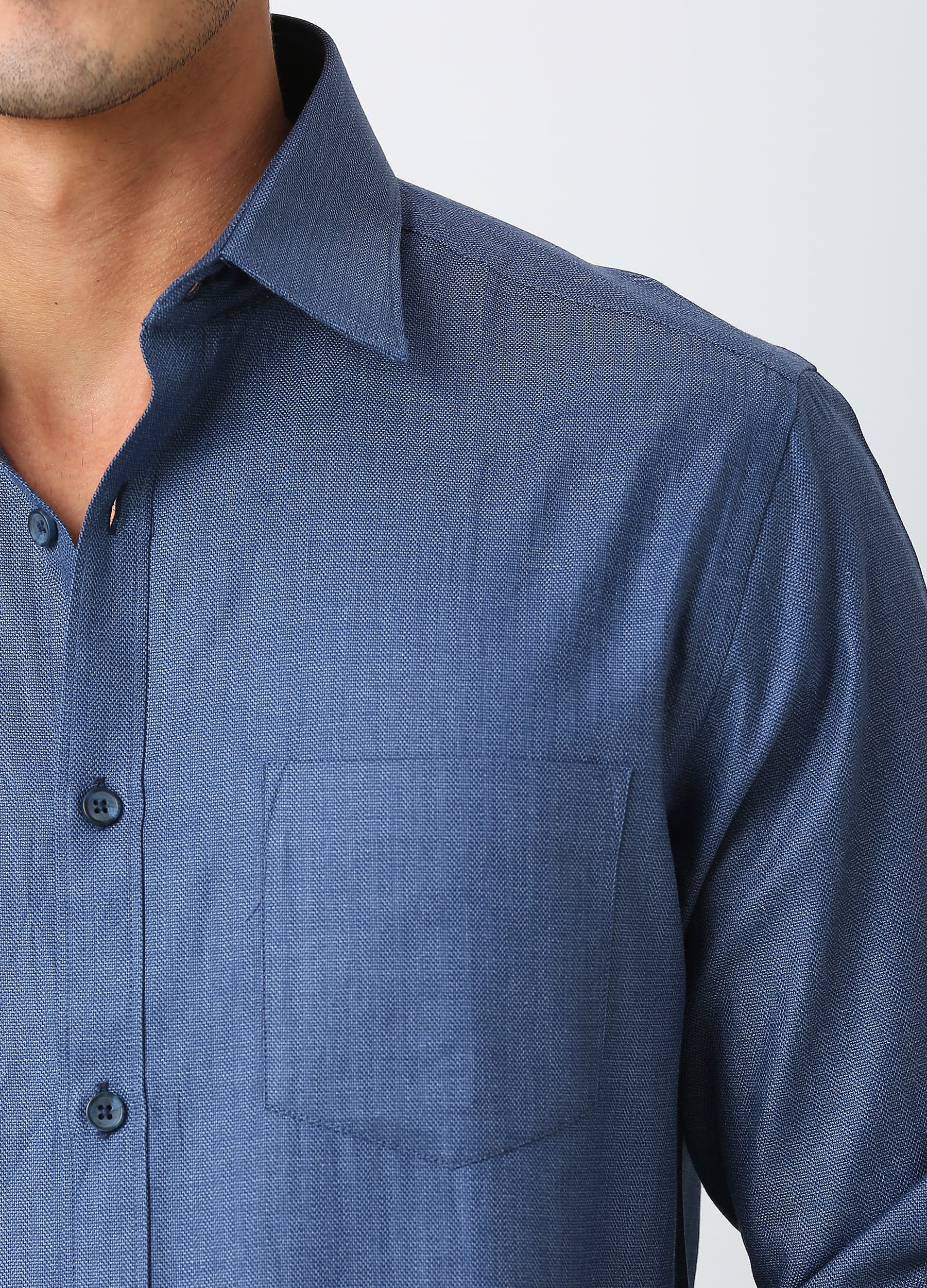 Casual Point Collar Giza Cotton Herringbone Shirt - Denim Blue
