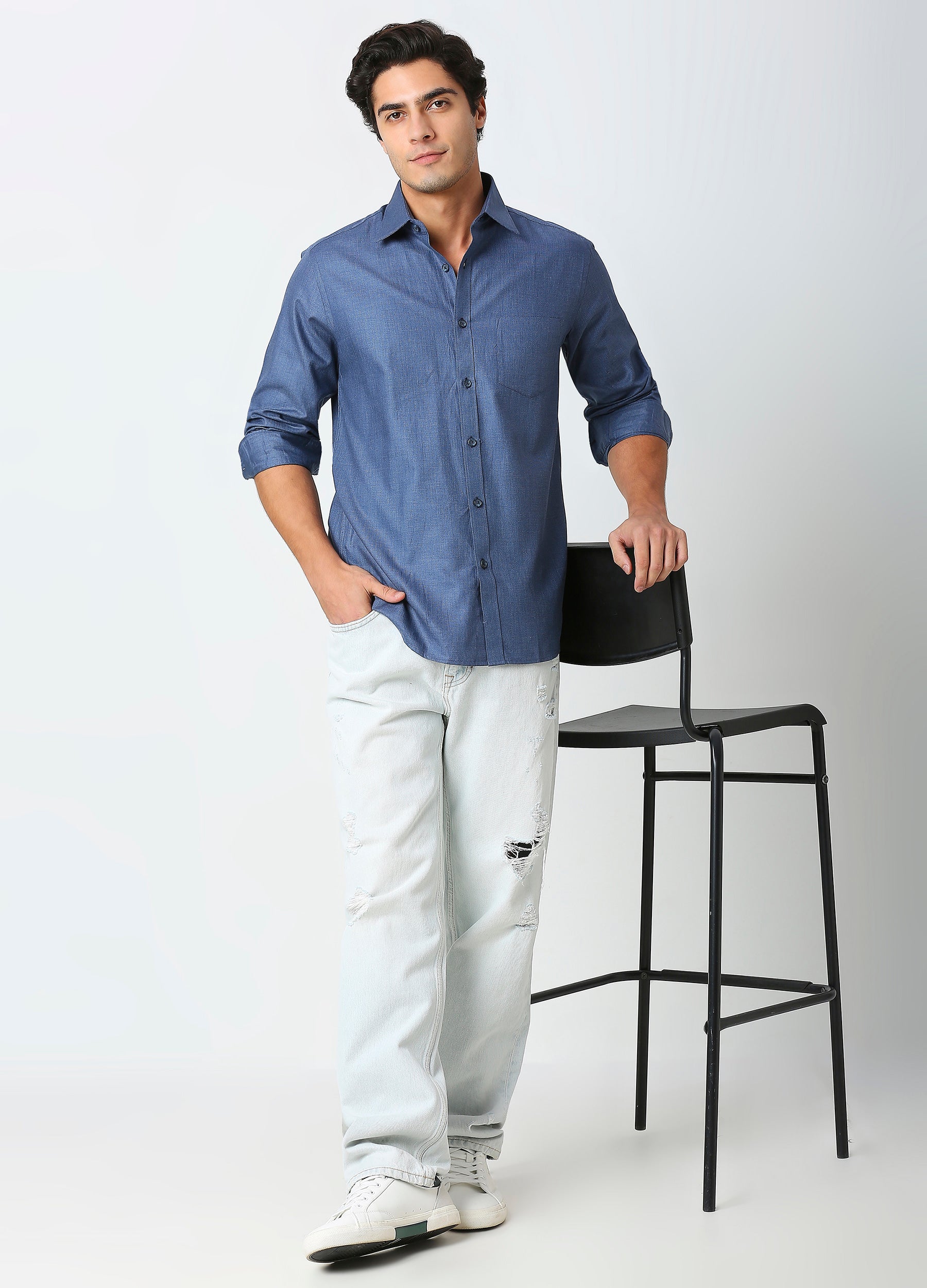 Casual Point Collar Giza Cotton Herringbone Shirt - Denim Blue