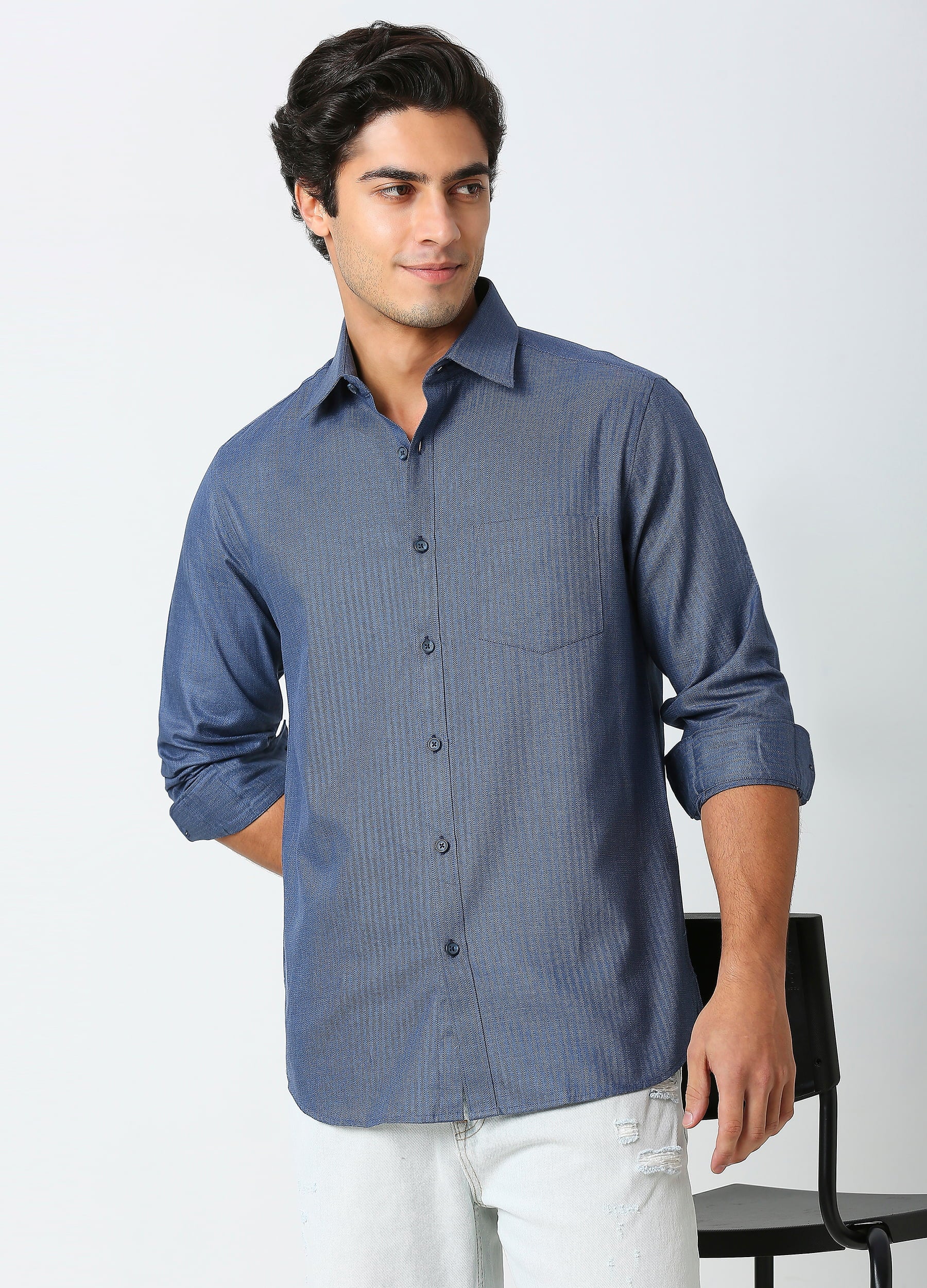 Casual Point Collar Giza Cotton Herringbone Shirt - Denim Blue