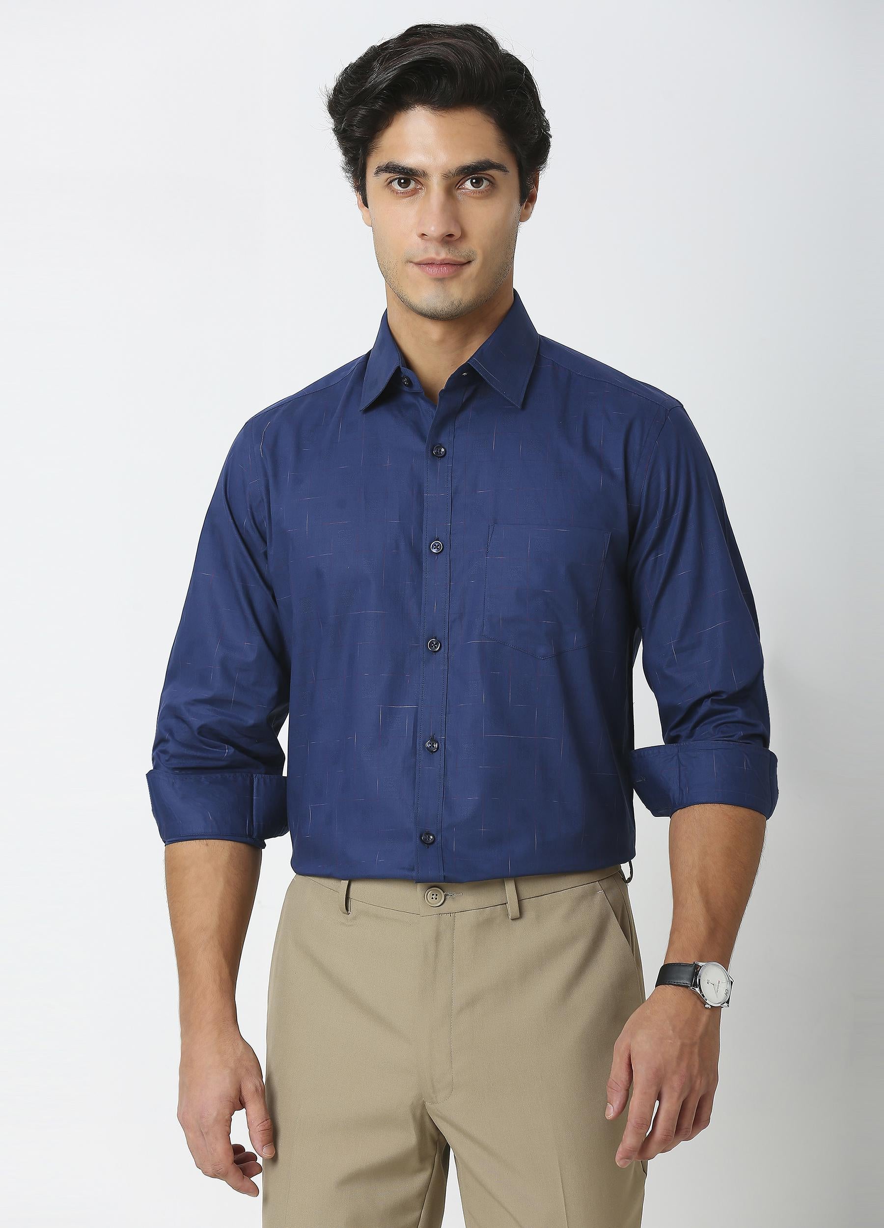 Casual Point Collar Giza Cotton Space Dyed Dobby Shirt - Ultramarine Blue