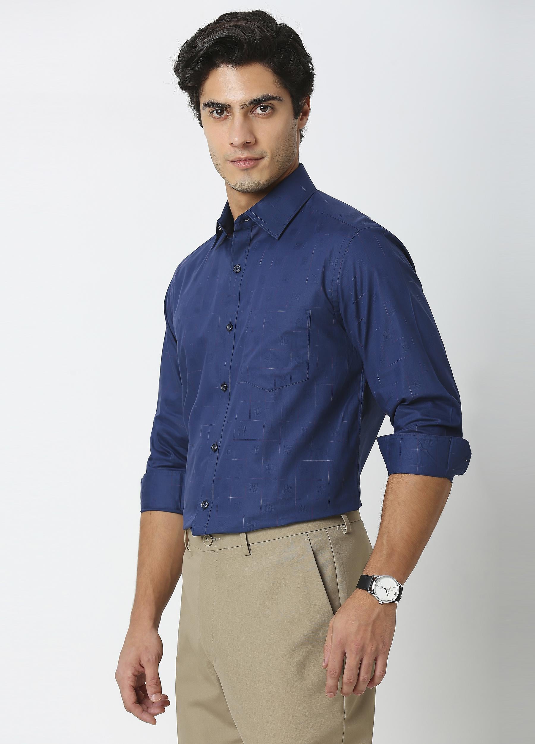 Casual Point Collar Giza Cotton Space Dyed Dobby Shirt - Ultramarine Blue