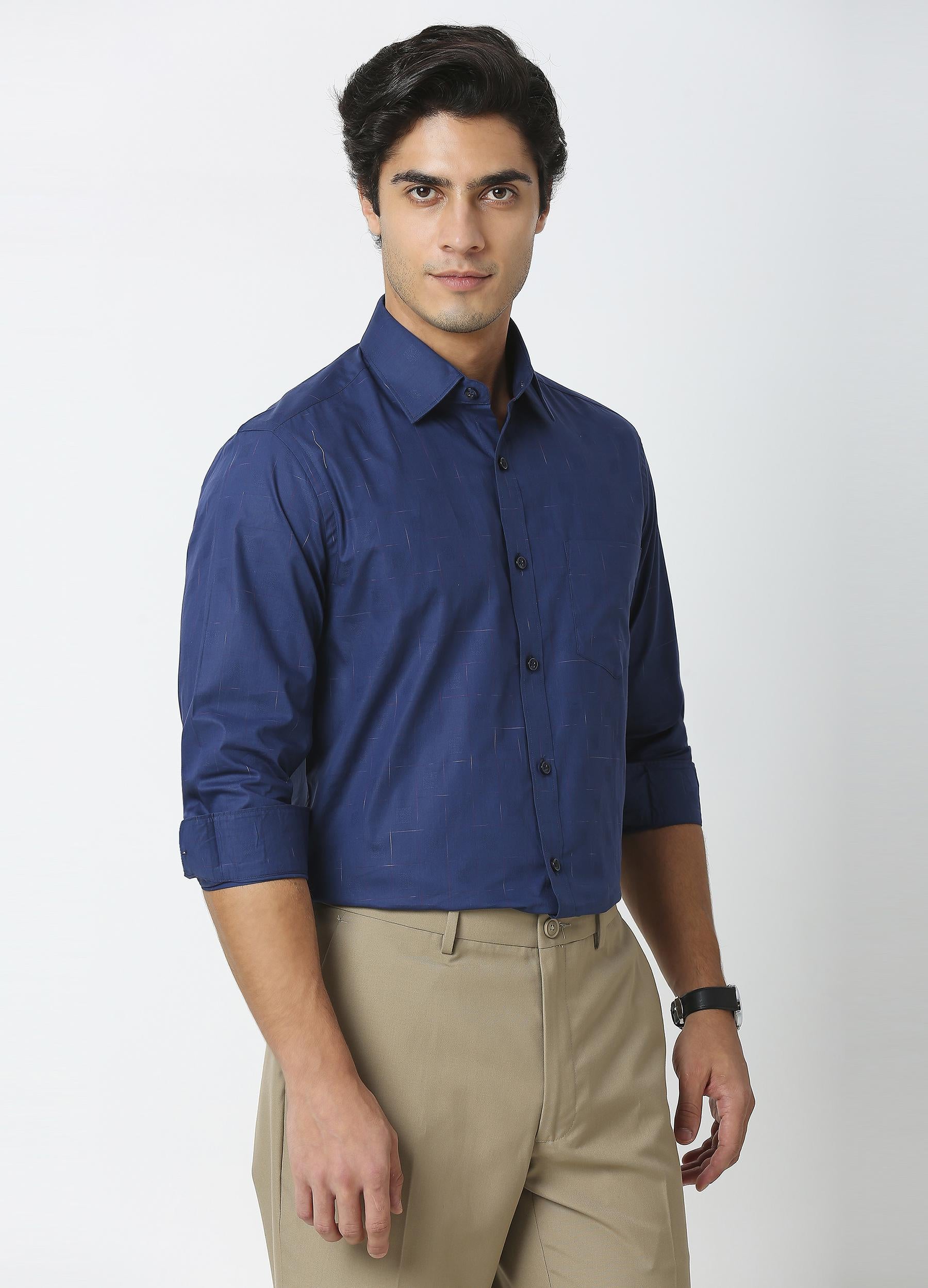 Casual Point Collar Giza Cotton Space Dyed Dobby Shirt - Ultramarine Blue