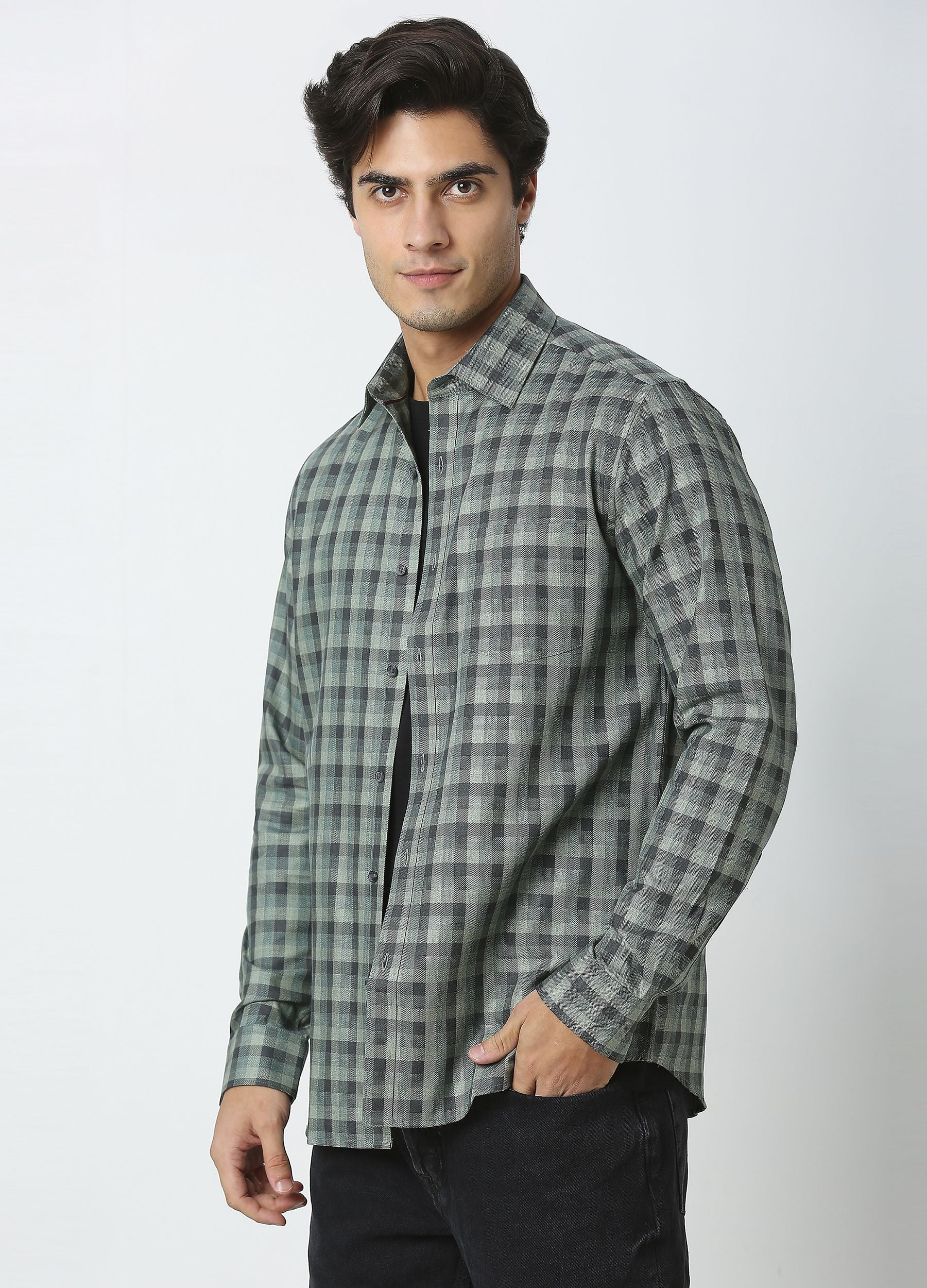 Casual Point Collar Giza Cotton Herringbone Melange Checks Shirt - Green