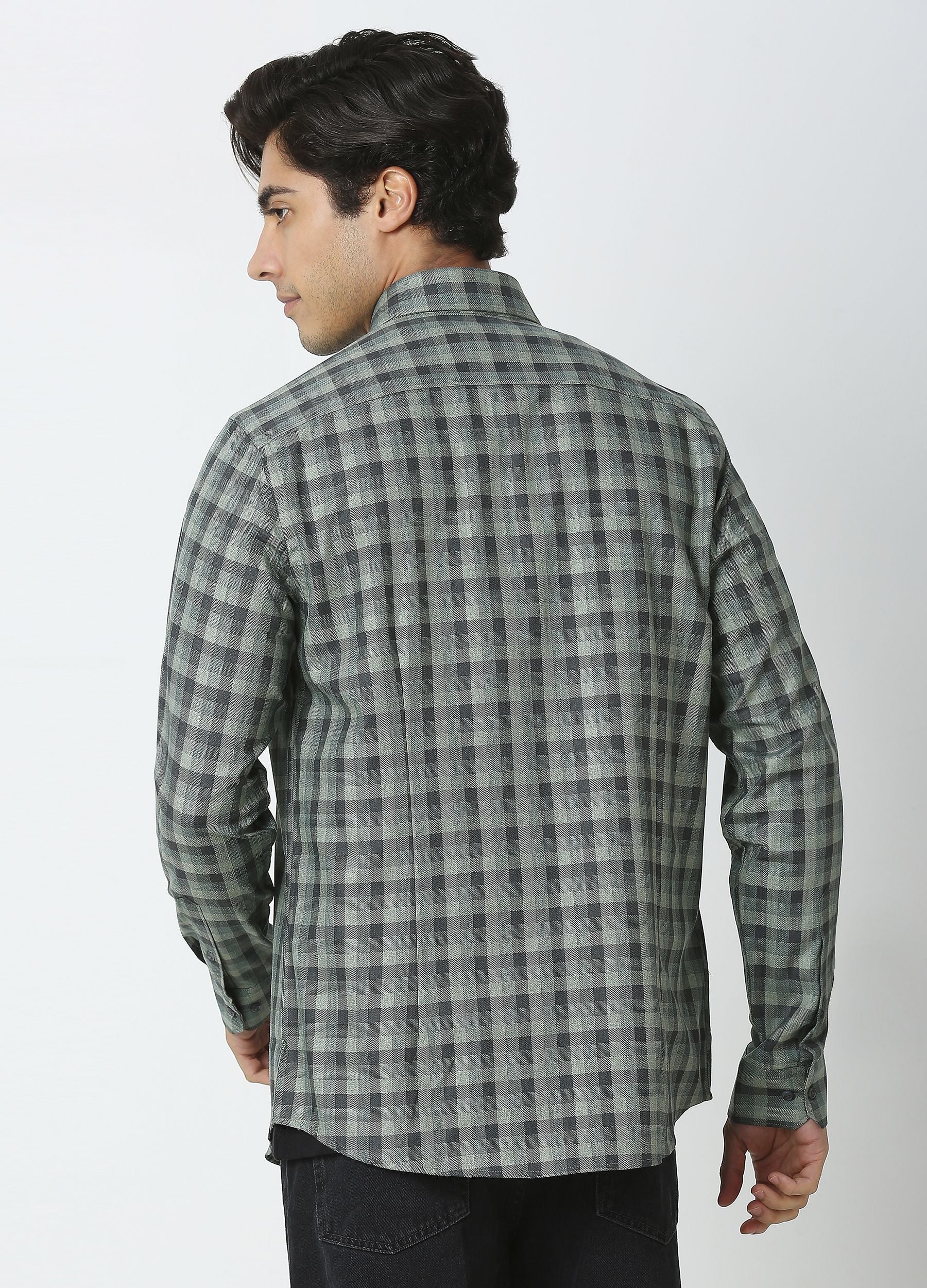 Casual Point Collar Giza Cotton Herringbone Melange Checks Shirt - Green