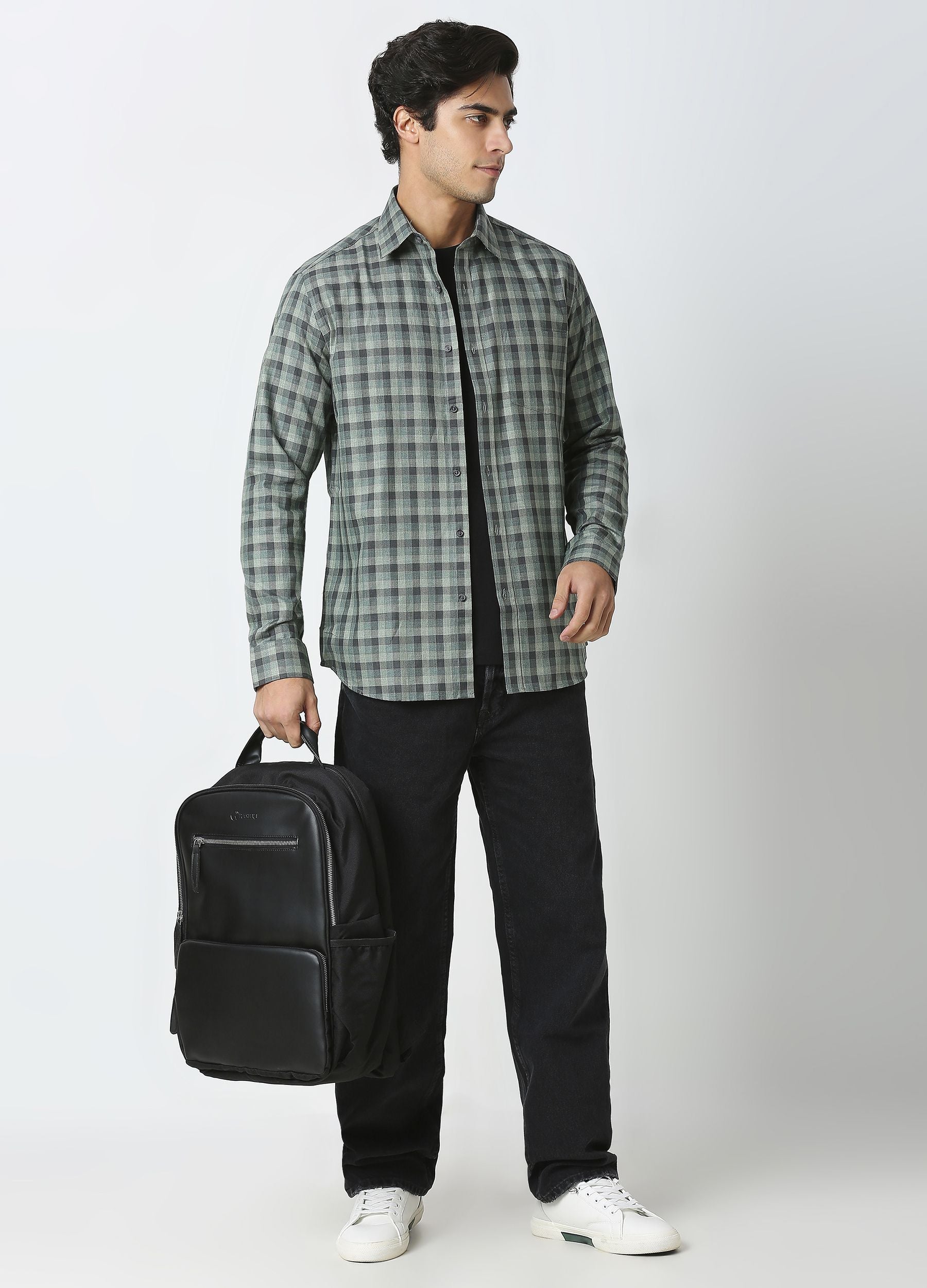 Casual Point Collar Giza Cotton Herringbone Melange Checks Shirt - Green