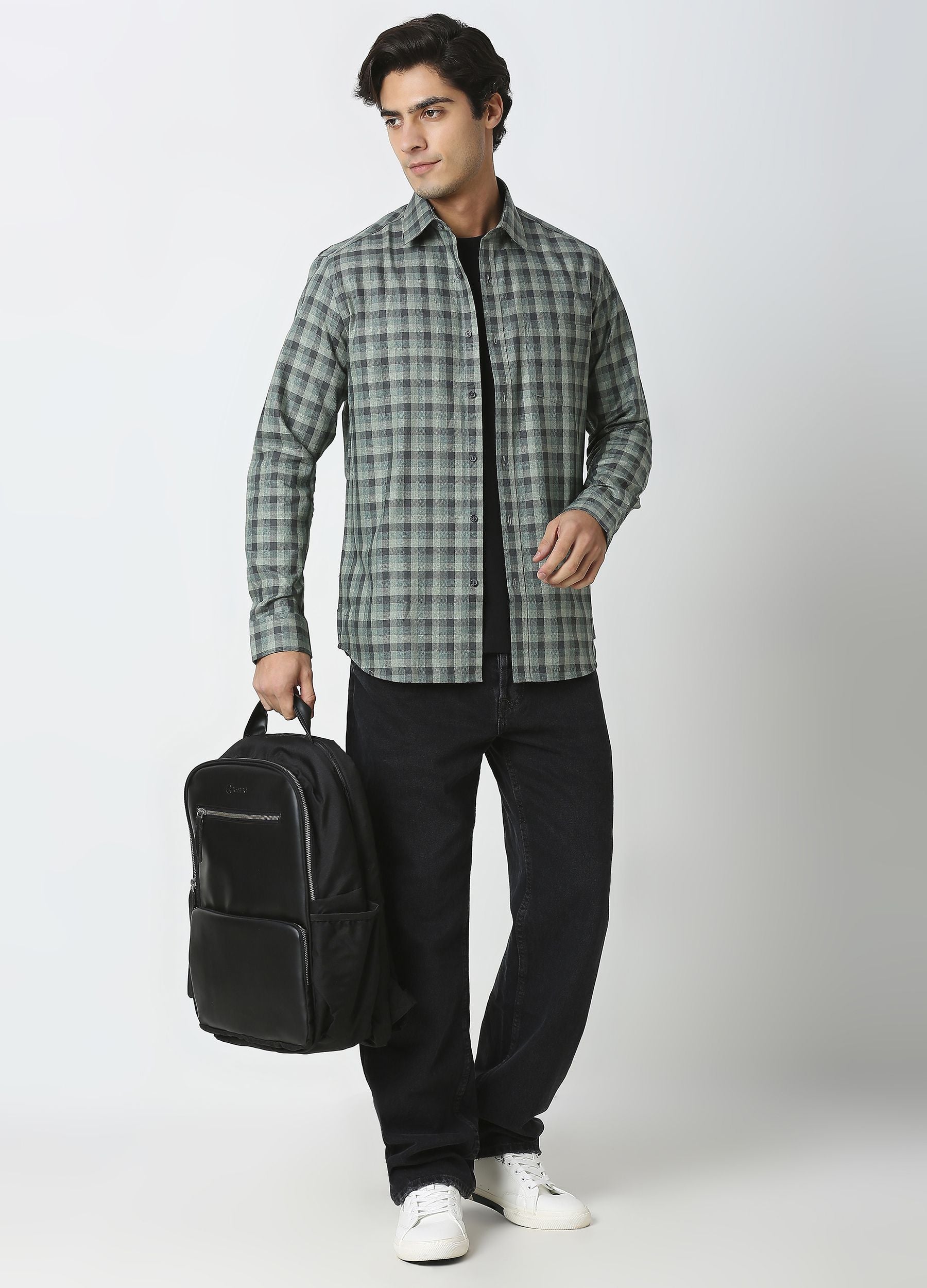 Casual Point Collar Giza Cotton Herringbone Melange Checks Shirt - Green