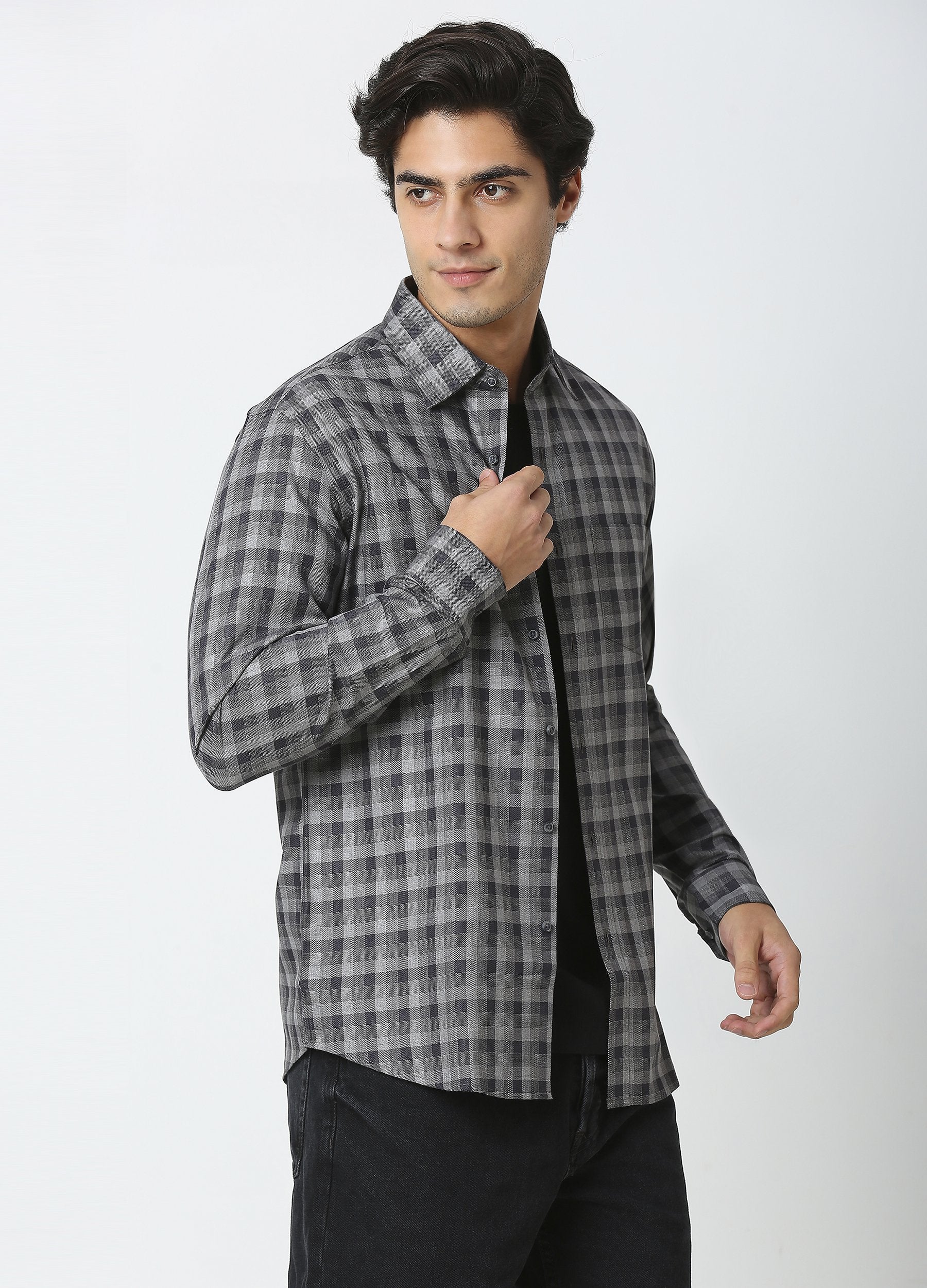 Casual Point Collar Giza Cotton Herringbone Melange Checks Shirt - Grey