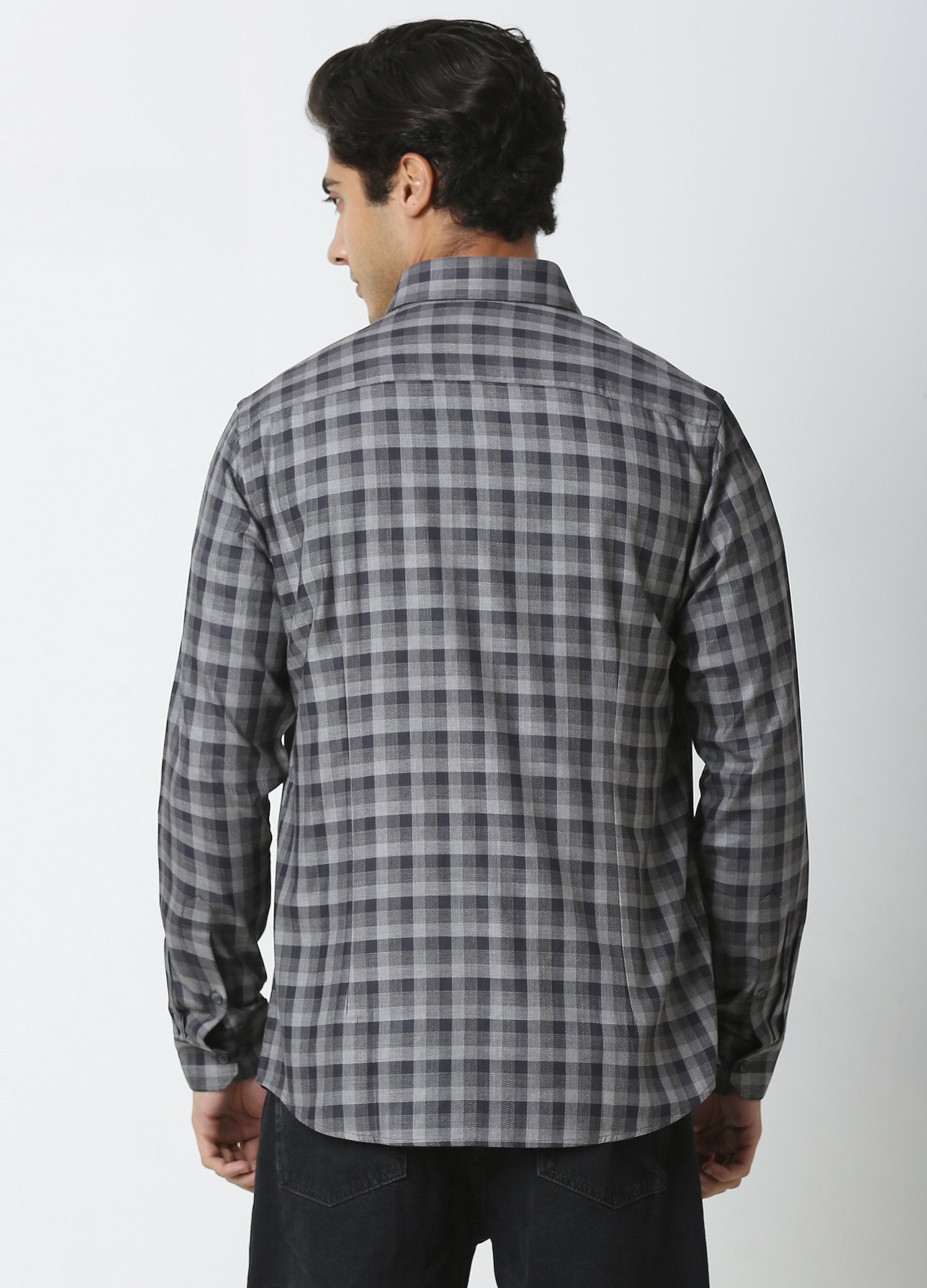 Casual Point Collar Giza Cotton Herringbone Melange Checks Shirt - Grey