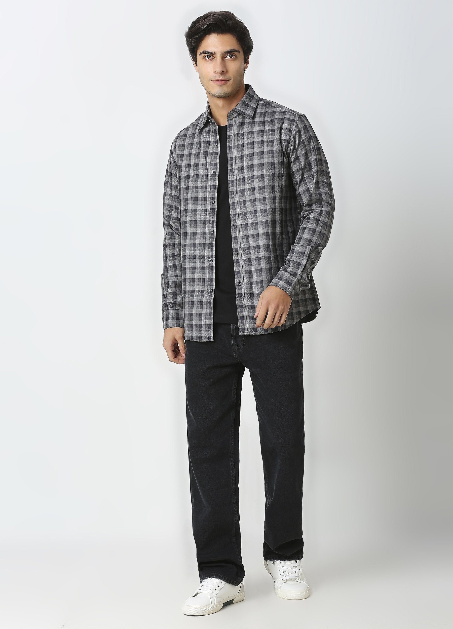 Casual Point Collar Giza Cotton Herringbone Melange Checks Shirt - Grey