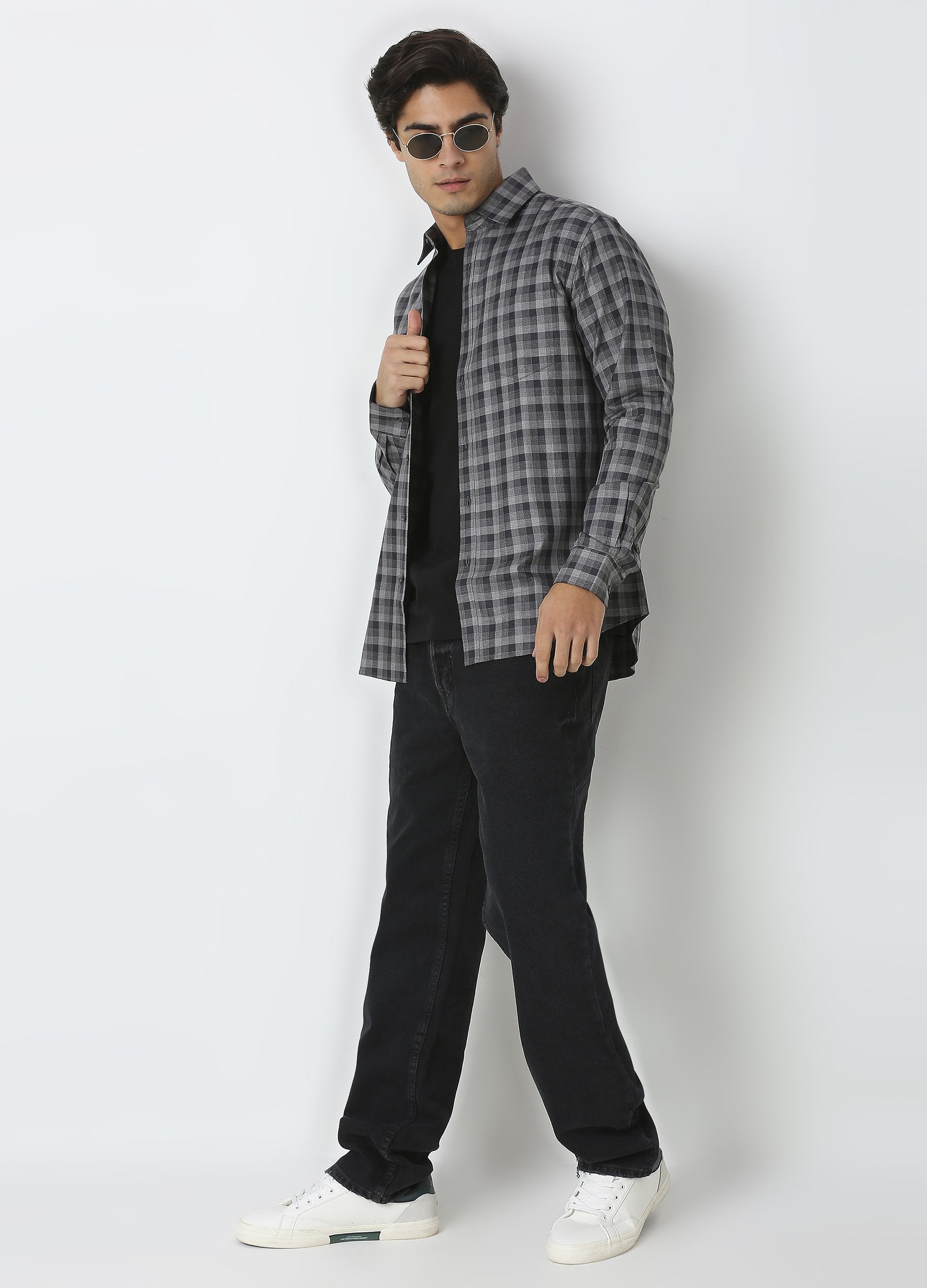 Casual Point Collar Giza Cotton Herringbone Melange Checks Shirt - Grey