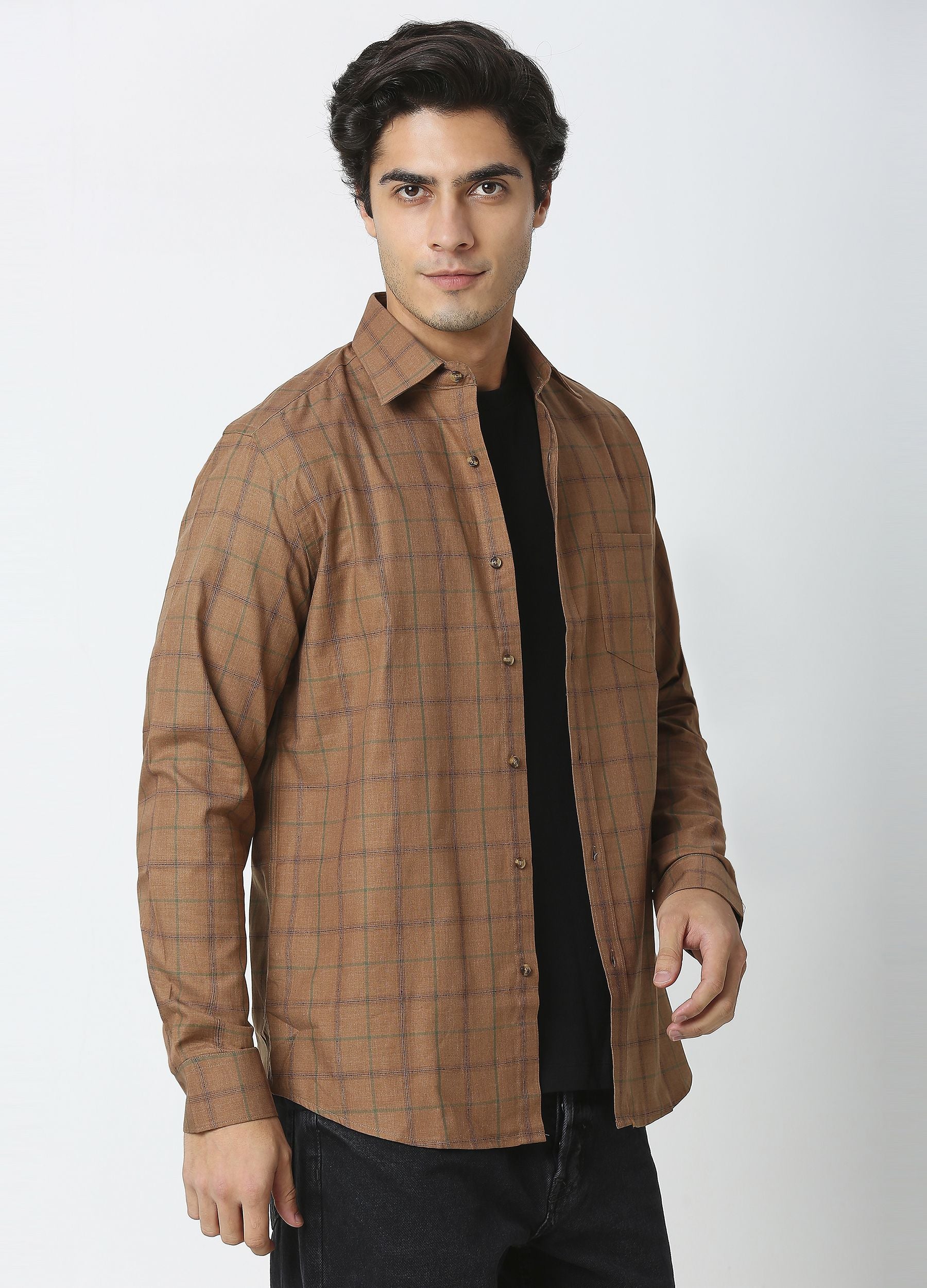 Casual Point Collar Giza Cotton Melange Plaid Checks Shirt - Camel Brown
