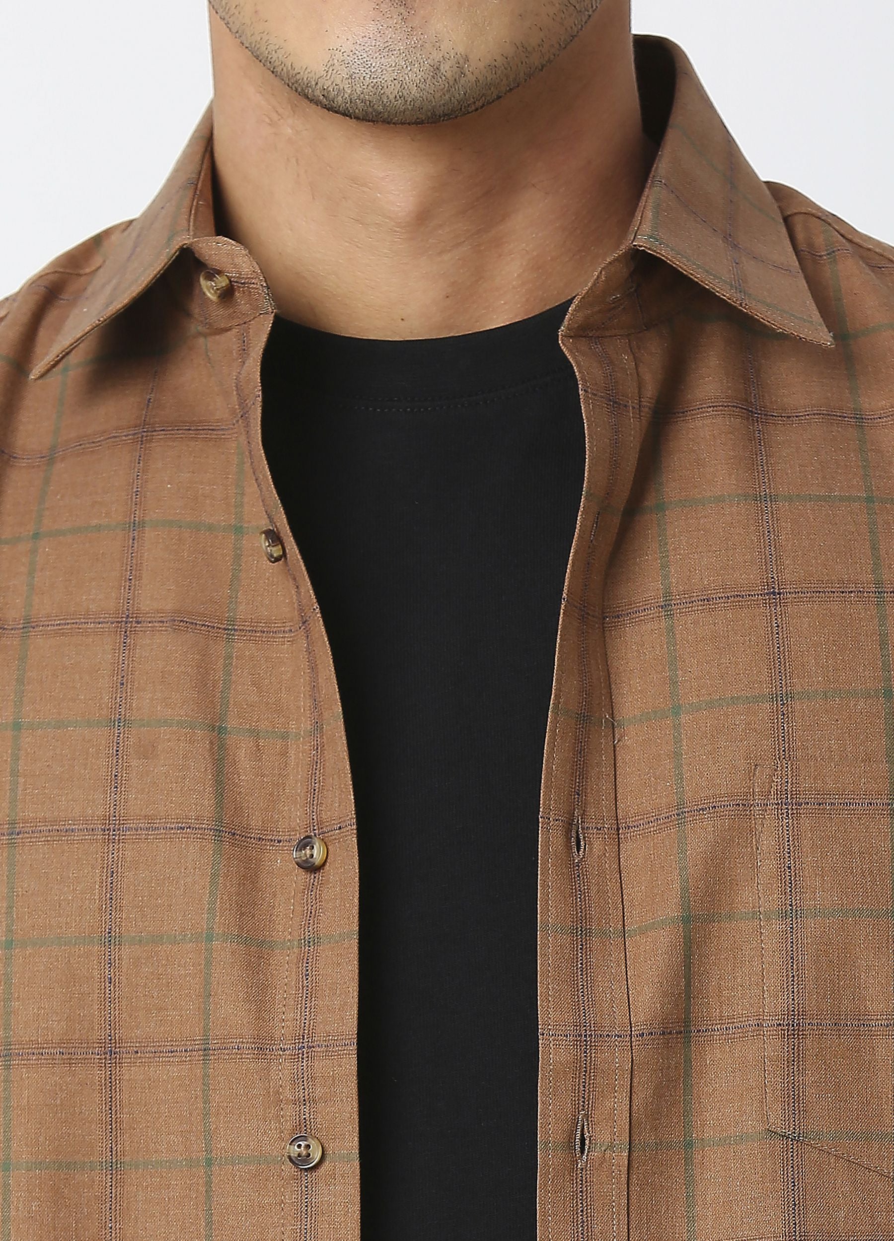 Casual Point Collar Giza Cotton Melange Plaid Checks Shirt - Camel Brown