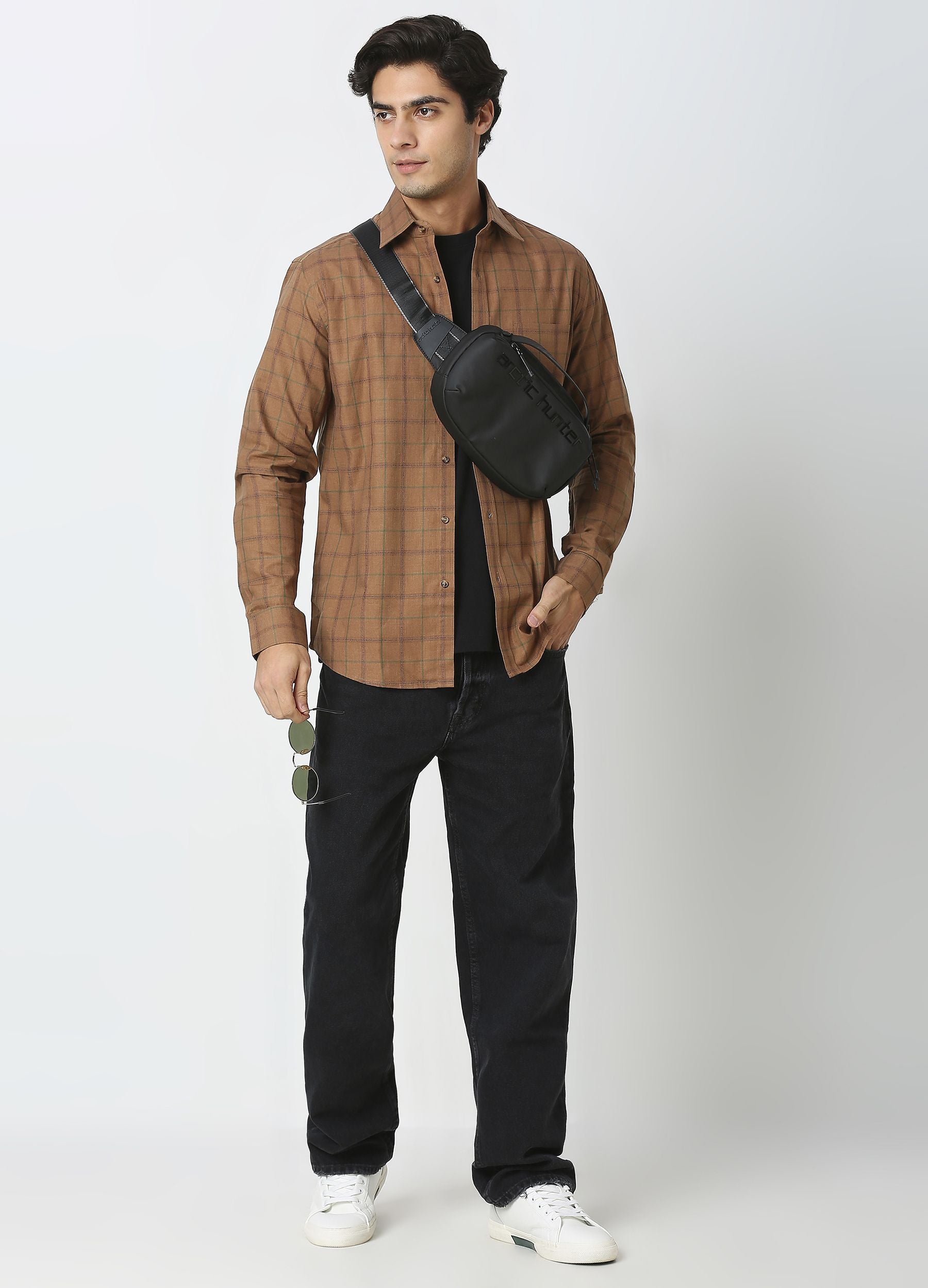 Casual Point Collar Giza Cotton Melange Plaid Checks Shirt - Camel Brown