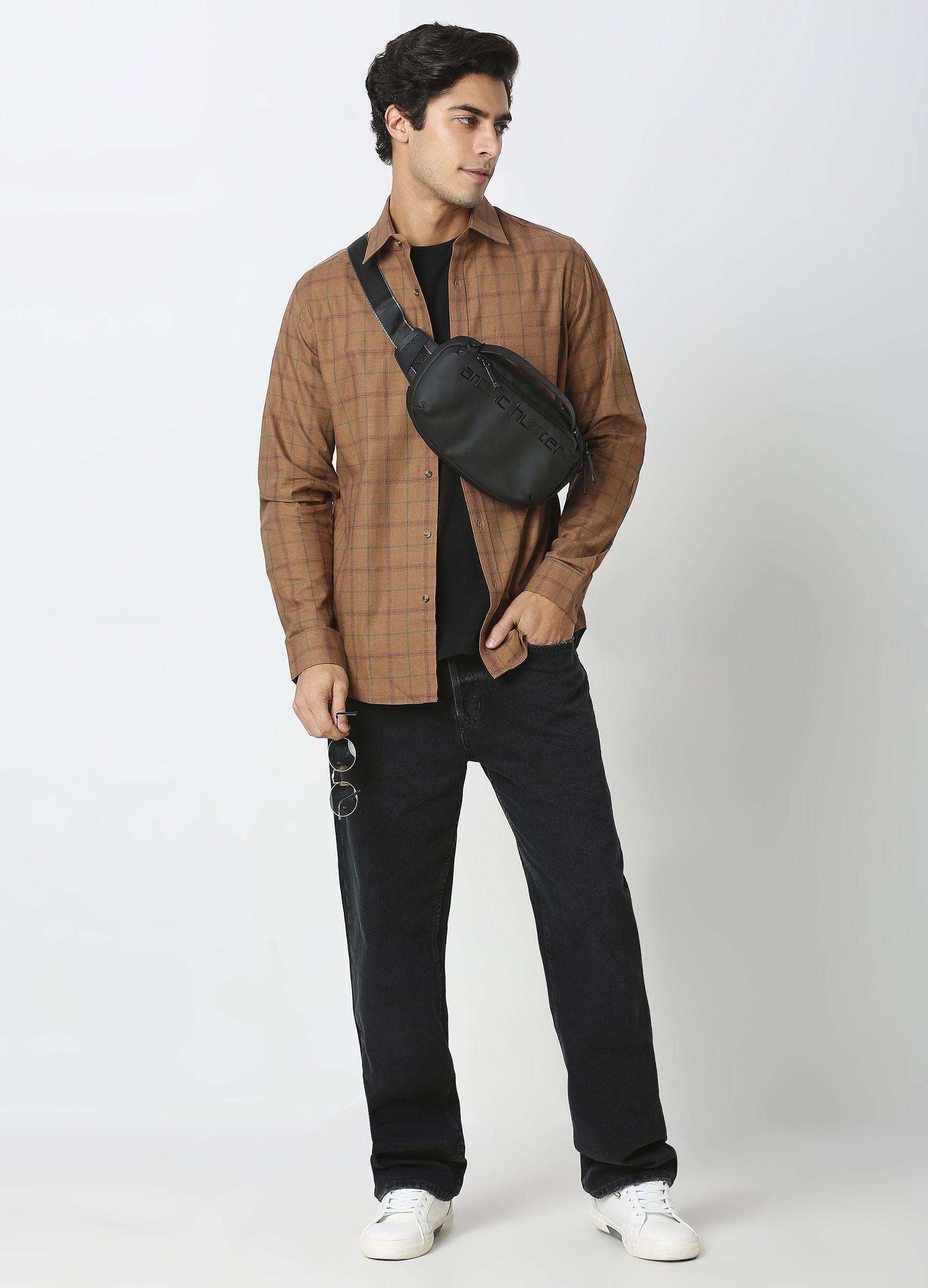 Casual Point Collar Giza Cotton Melange Plaid Checks Shirt - Camel Brown