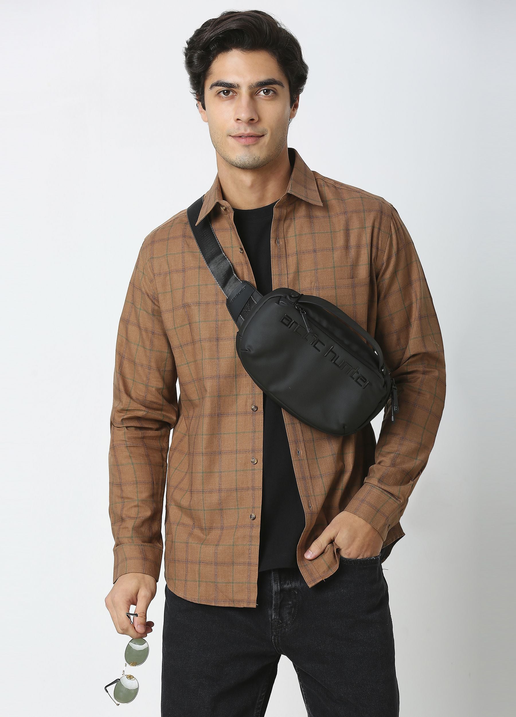 Casual Point Collar Giza Cotton Melange Plaid Checks Shirt - Camel Brown