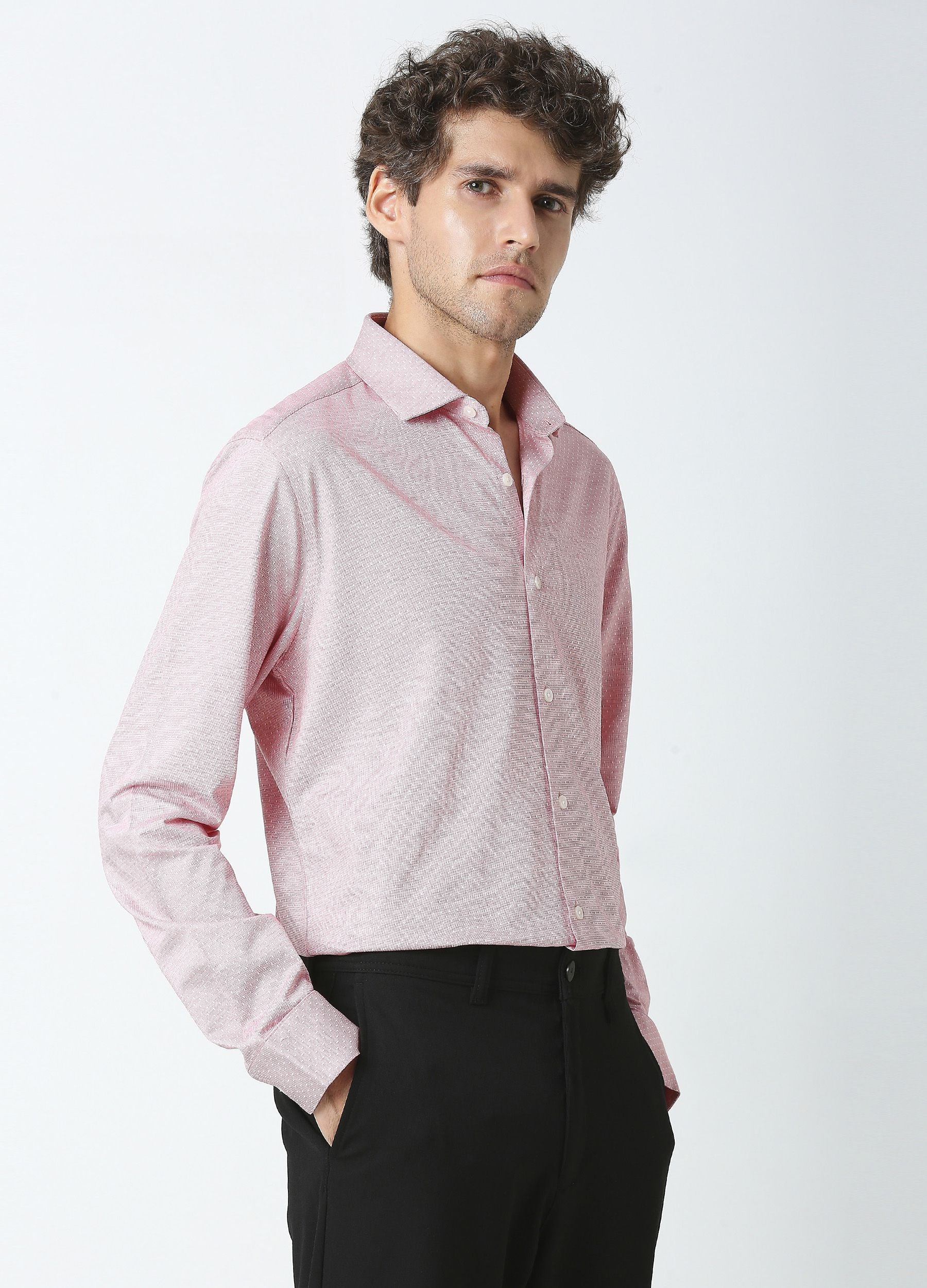 Carmine Red: Cutaway Collar Fine Dobby Knit Shirt
