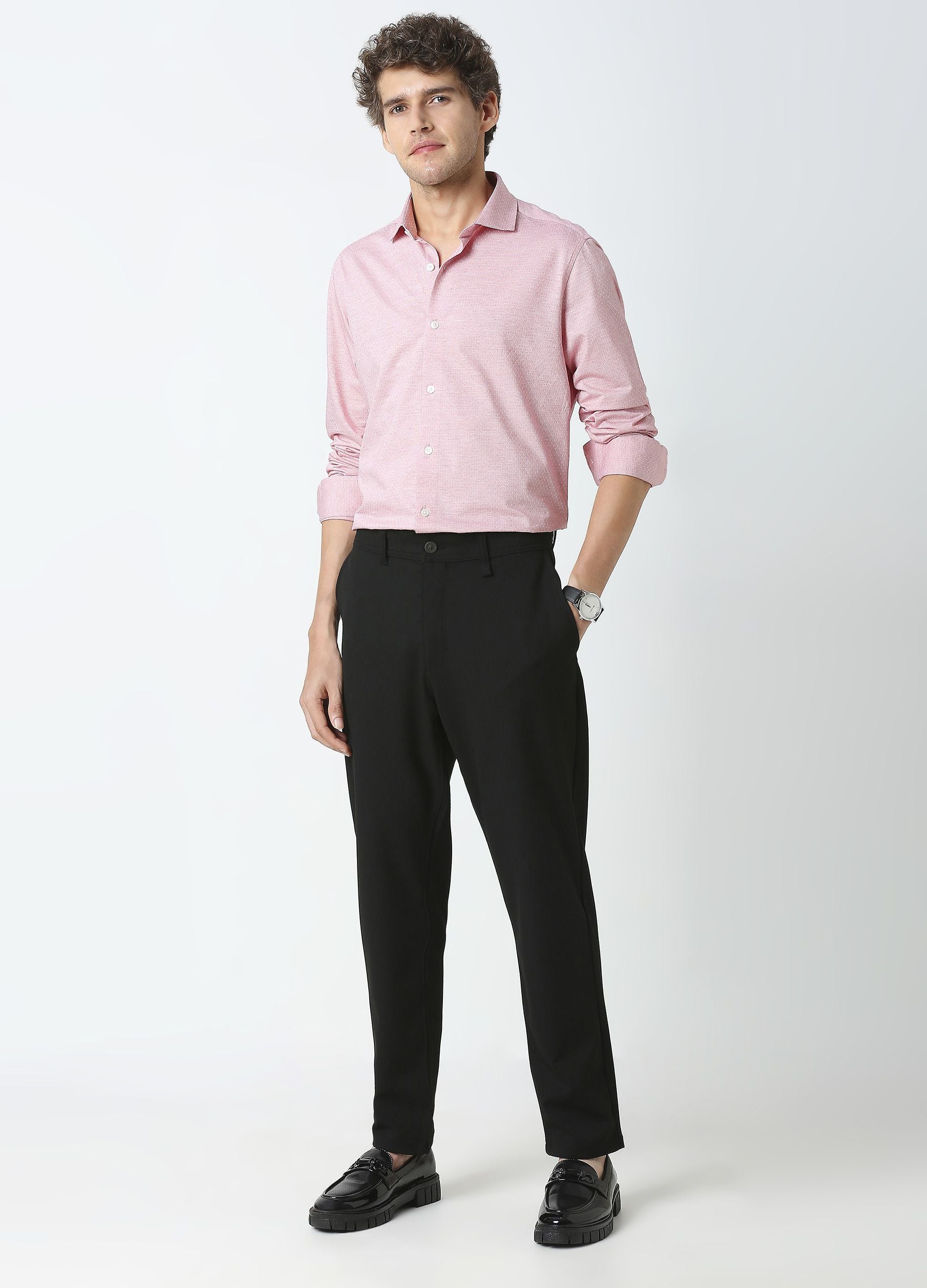 Carmine Red: Cutaway Collar Fine Dobby Knit Shirt