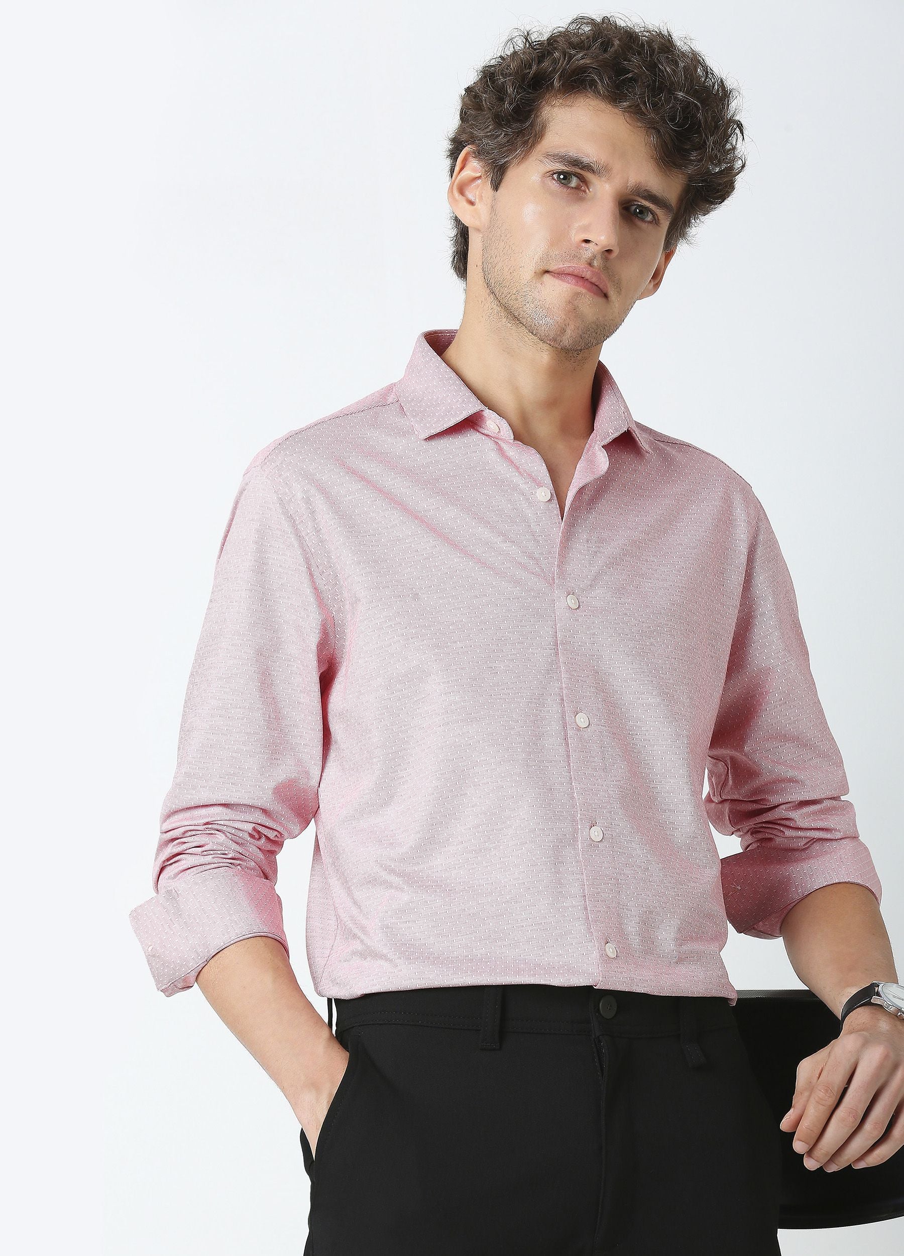 Carmine Red: Cutaway Collar Fine Dobby Knit Shirt
