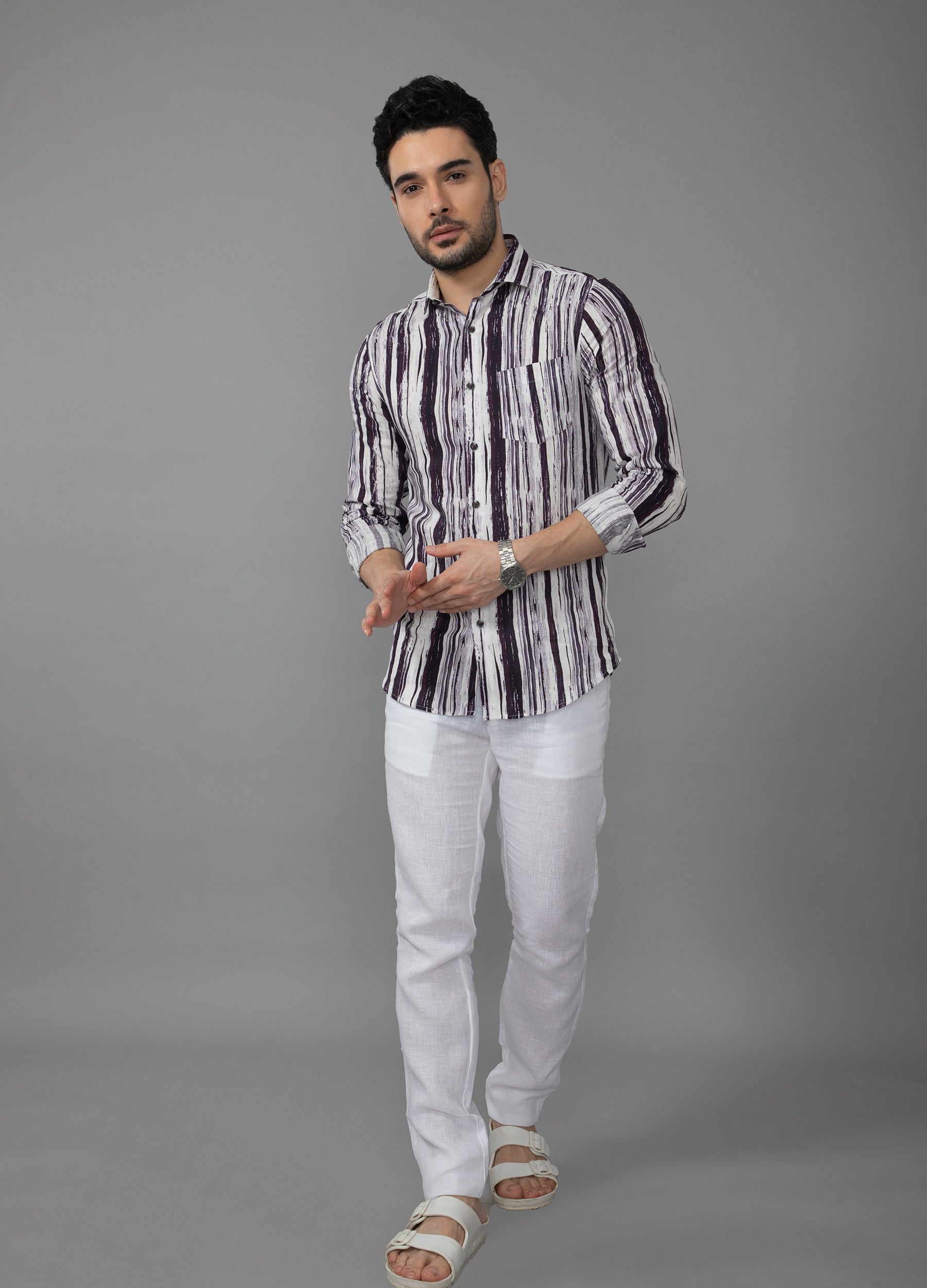 Cutaway Collar Linen Tencel Breakup Stripe Shirt - Off White
