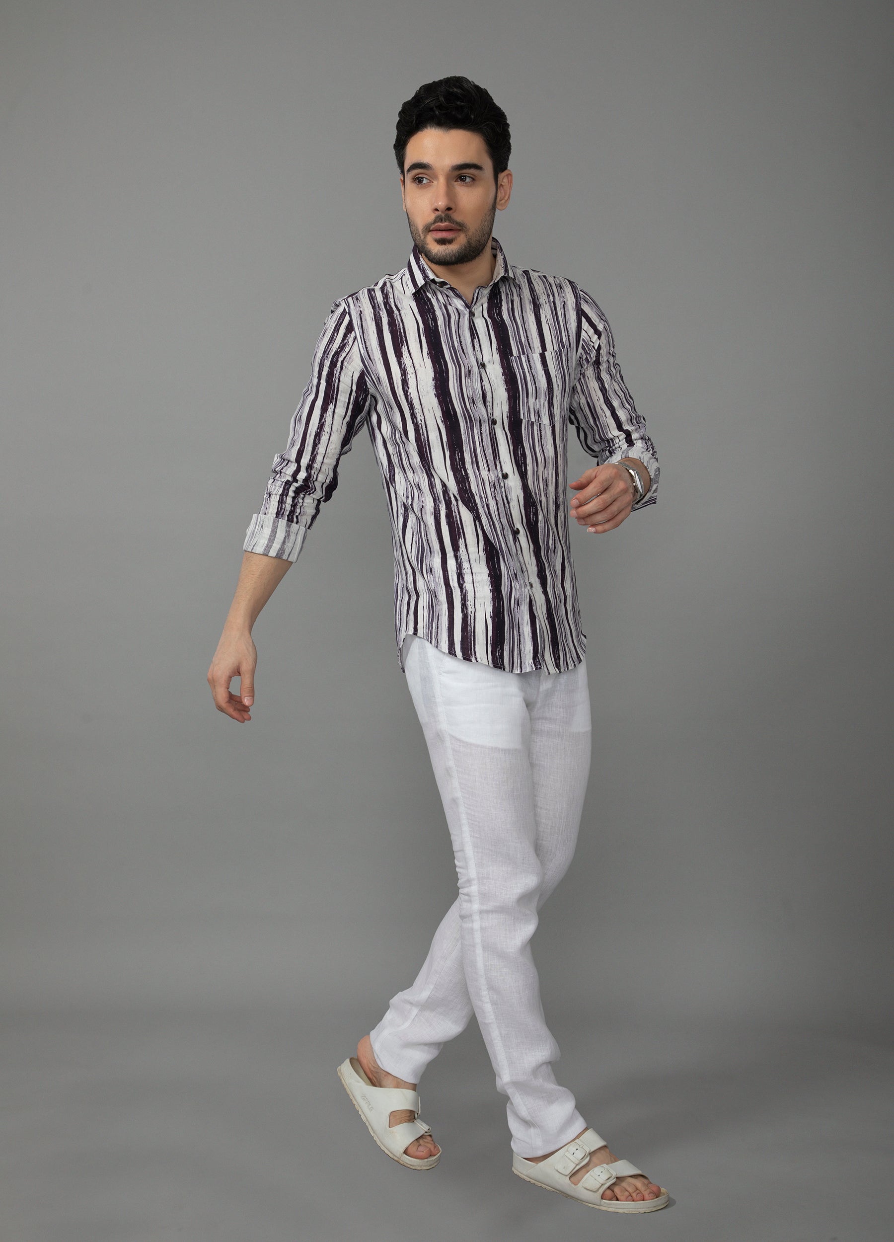 Cutaway Collar Linen Tencel Breakup Stripe Shirt - Off White