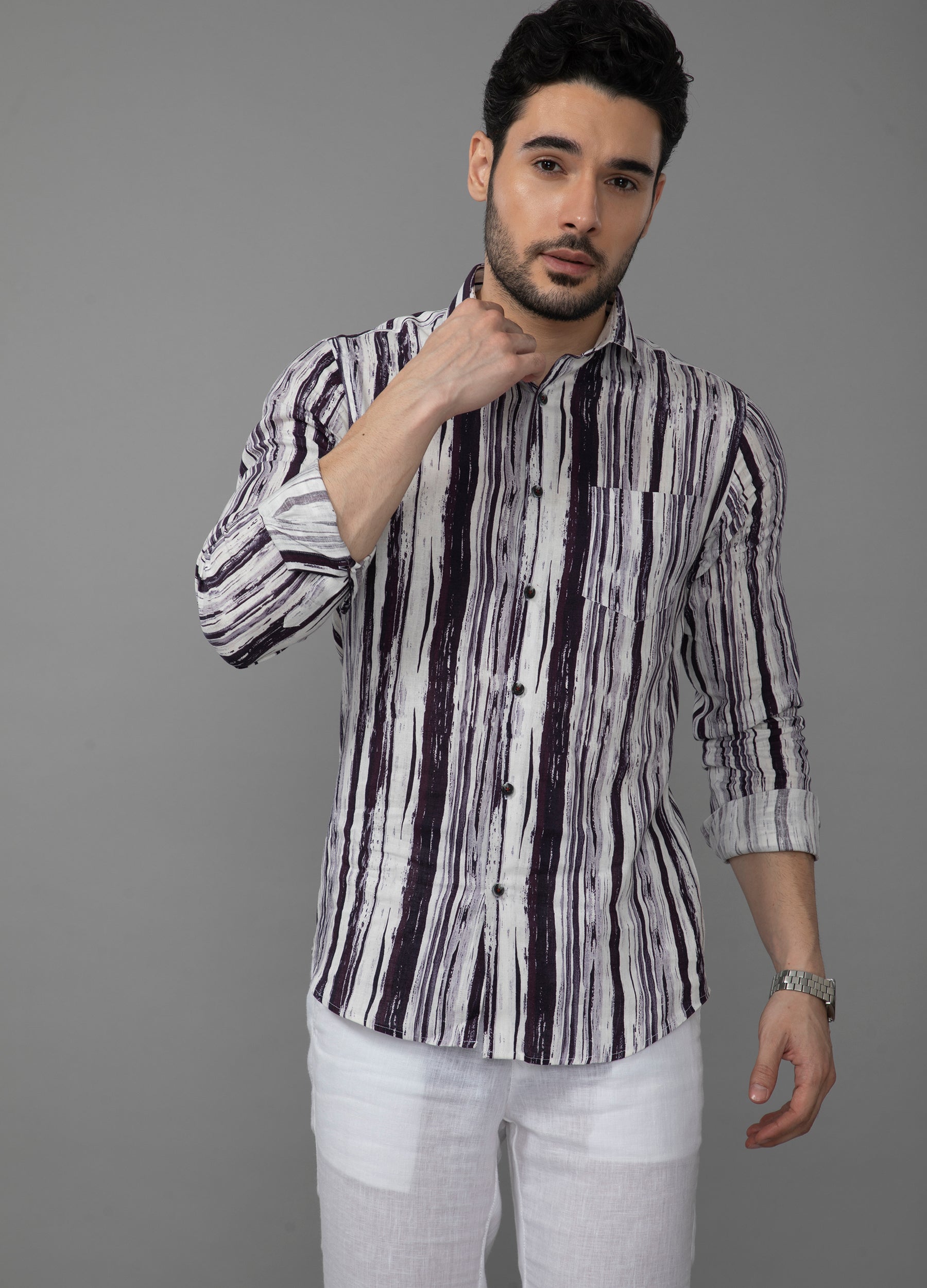 Cutaway Collar Linen Tencel Breakup Stripe Shirt - Off White
