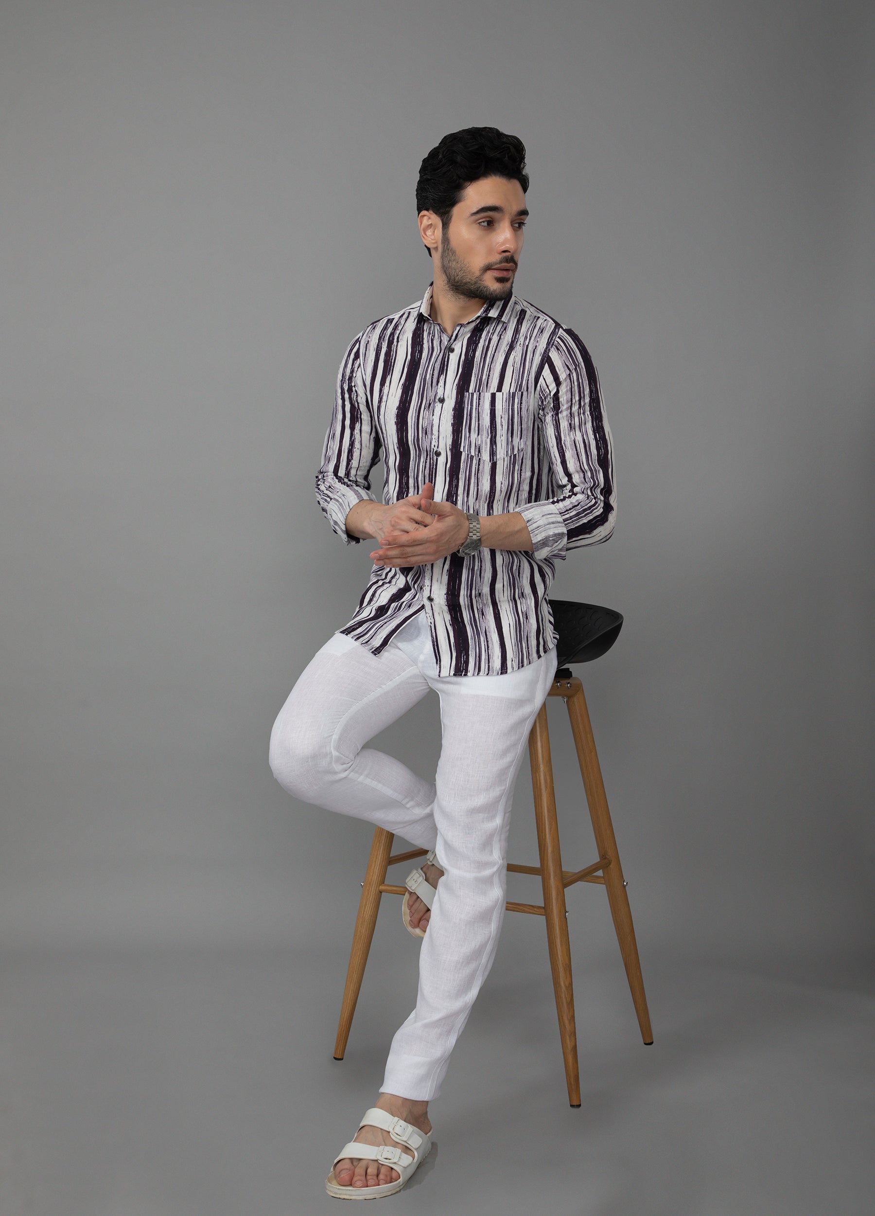 Cutaway Collar Linen Tencel Breakup Stripe Shirt - Off White