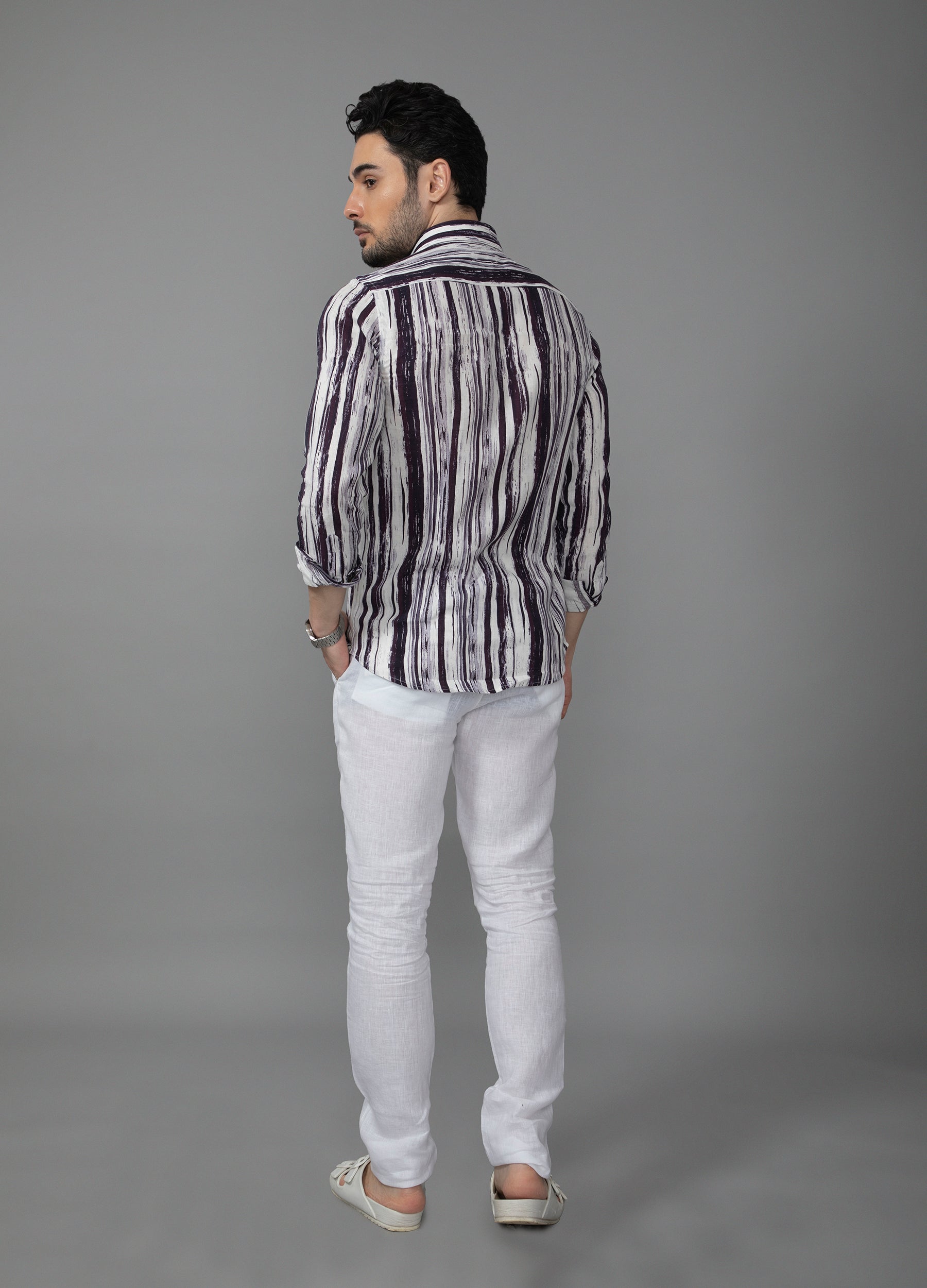 Cutaway Collar Linen Tencel Breakup Stripe Shirt - Off White