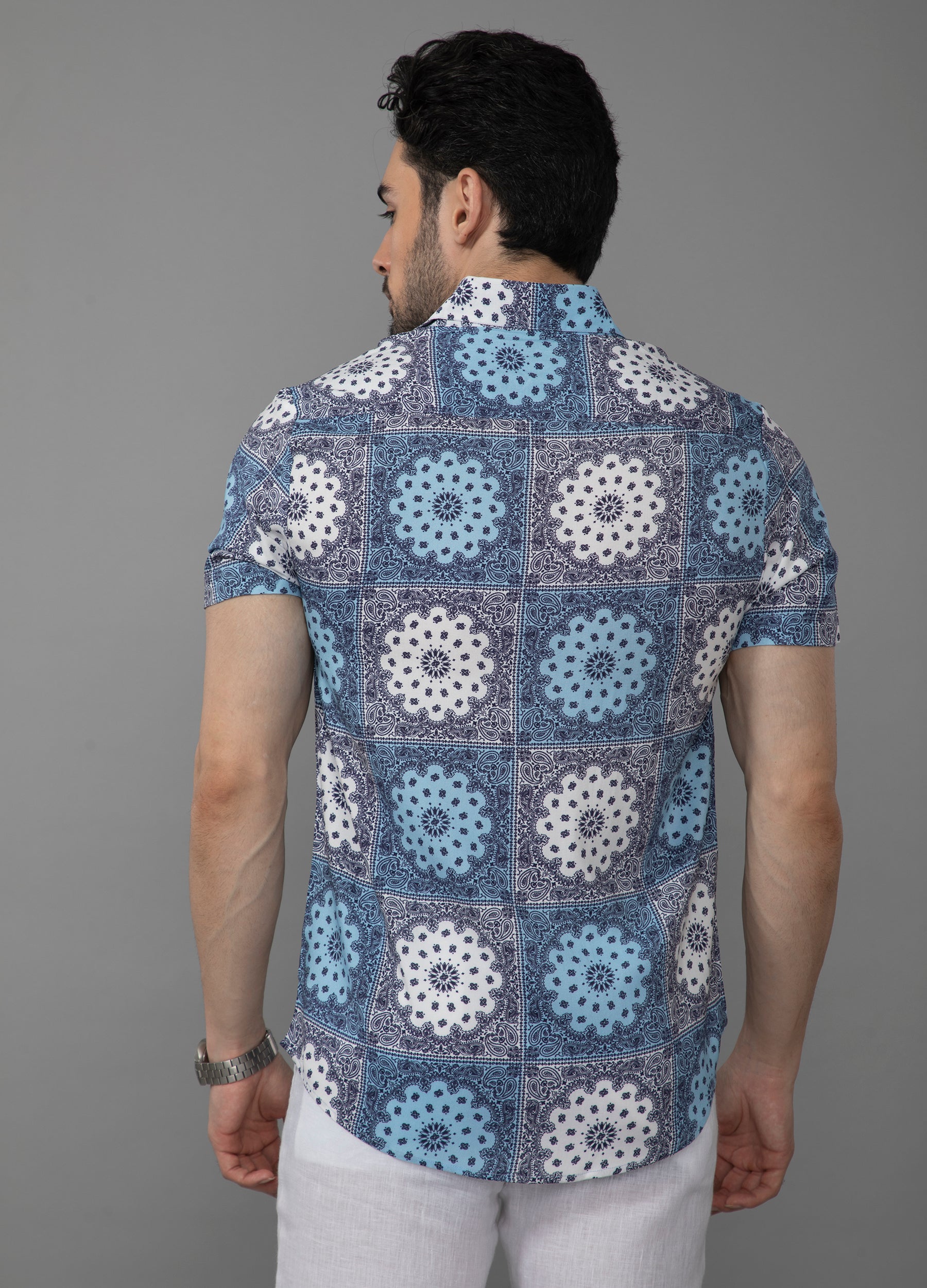 Heritage Blue: Flat Collar Heritage Print Short Sleeves Shirt - Persian Blue
