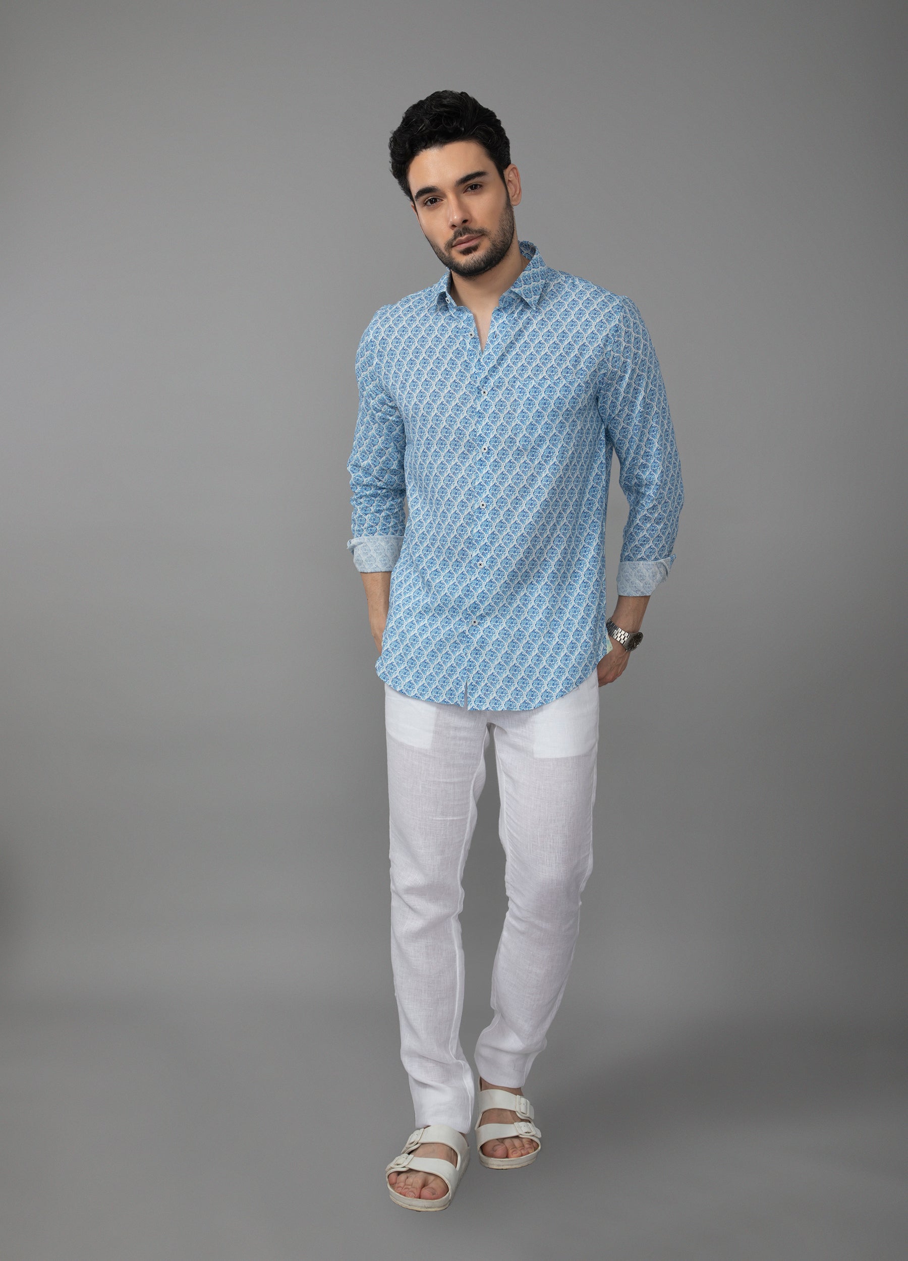 Conch Shell: Point Collar Linen Blend Conch Print Shirt - White & Sky Blue Design