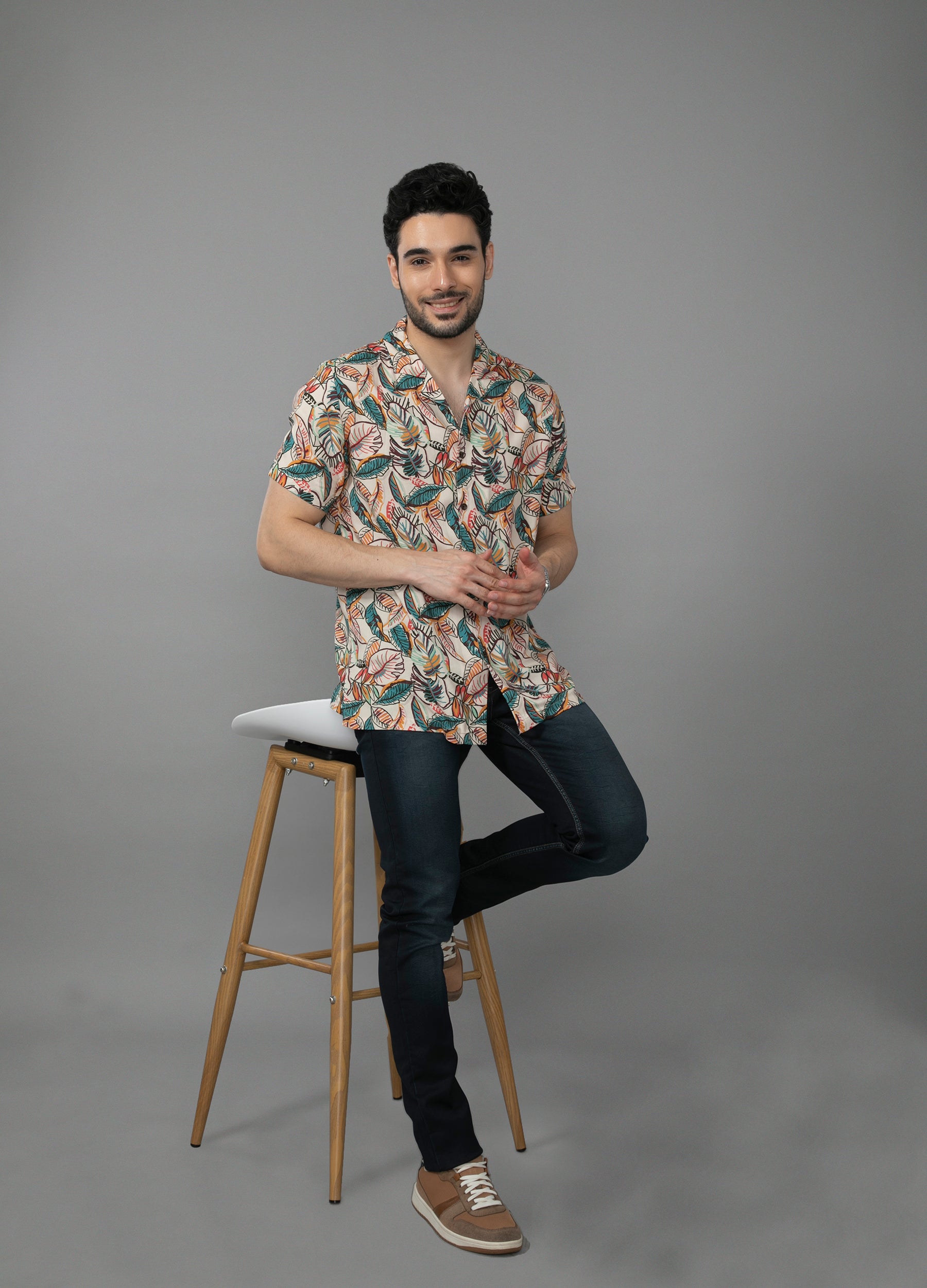 Tropical Twist : Camp Collar Bold Leaf Print Shirt- Beige