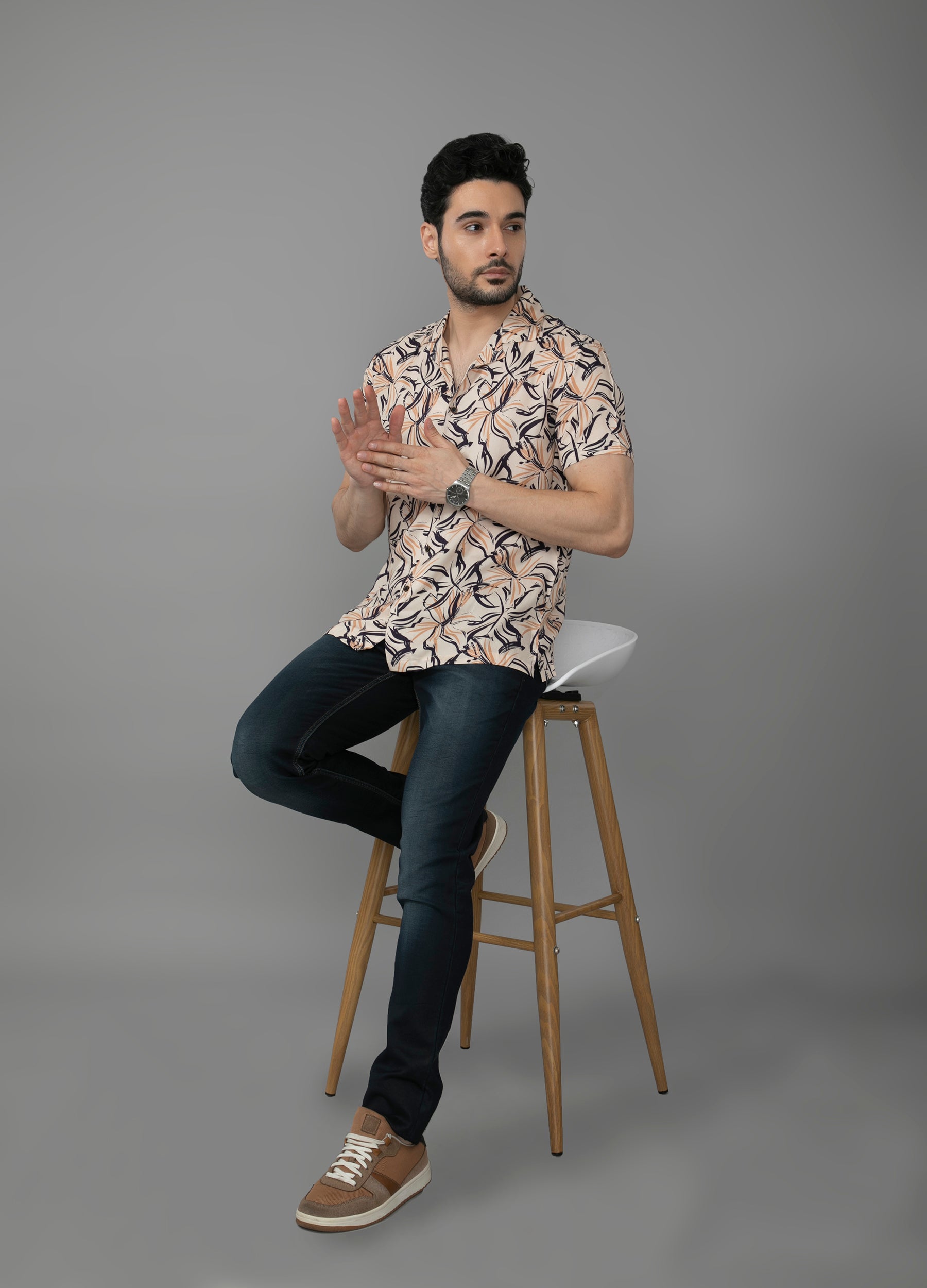 Sand Vines: Camp Collar Bold Floral Print Shirt - Beige