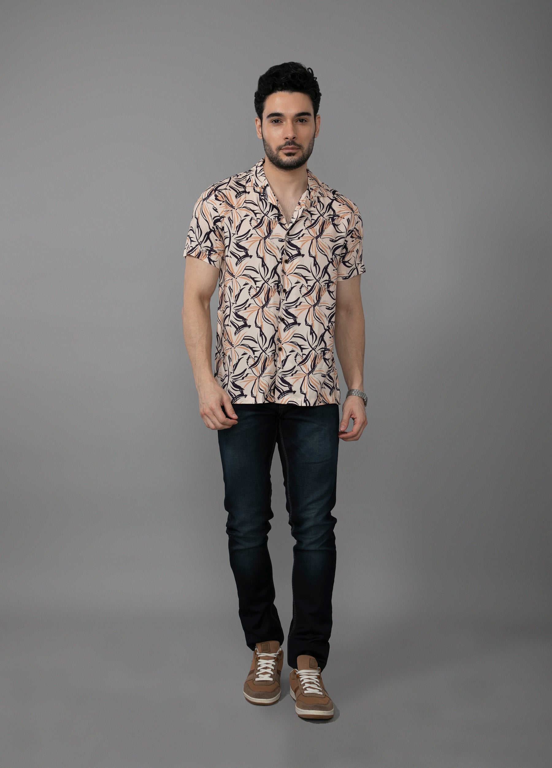 Sand Vines: Camp Collar Bold Floral Print Shirt - Beige