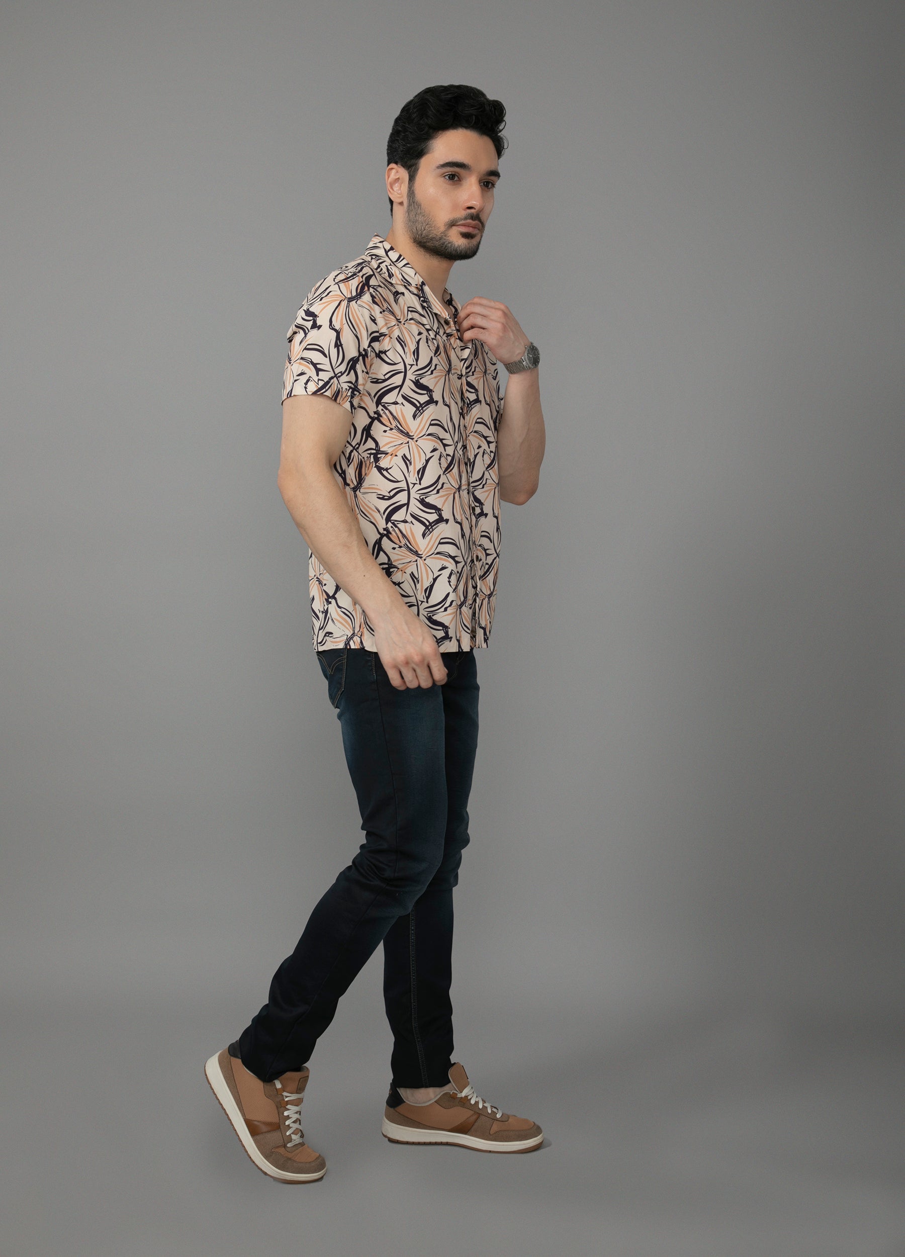 Sand Vines: Camp Collar Bold Floral Print Shirt - Beige