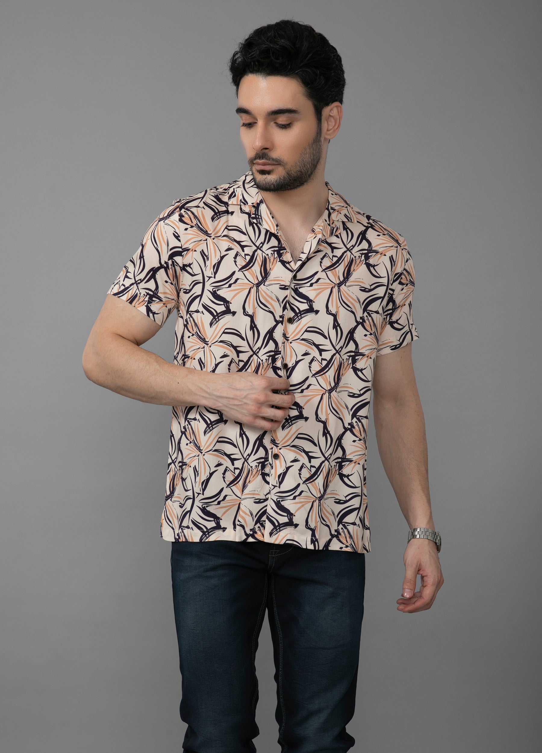 Sand Vines: Camp Collar Bold Floral Print Shirt - Beige