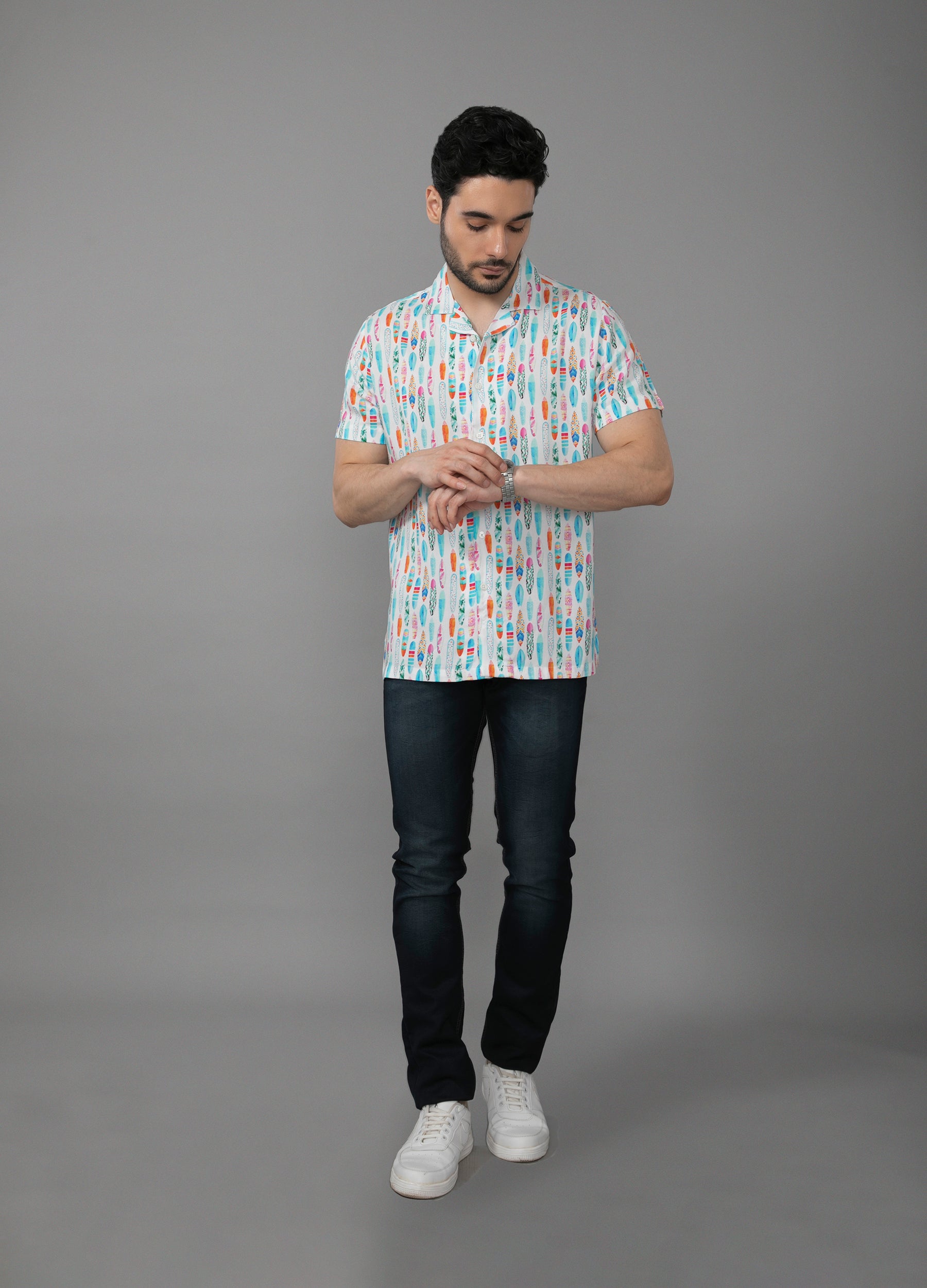 Surf Neon: Camp Collar Surfboard Print Shirt - Eggshell White