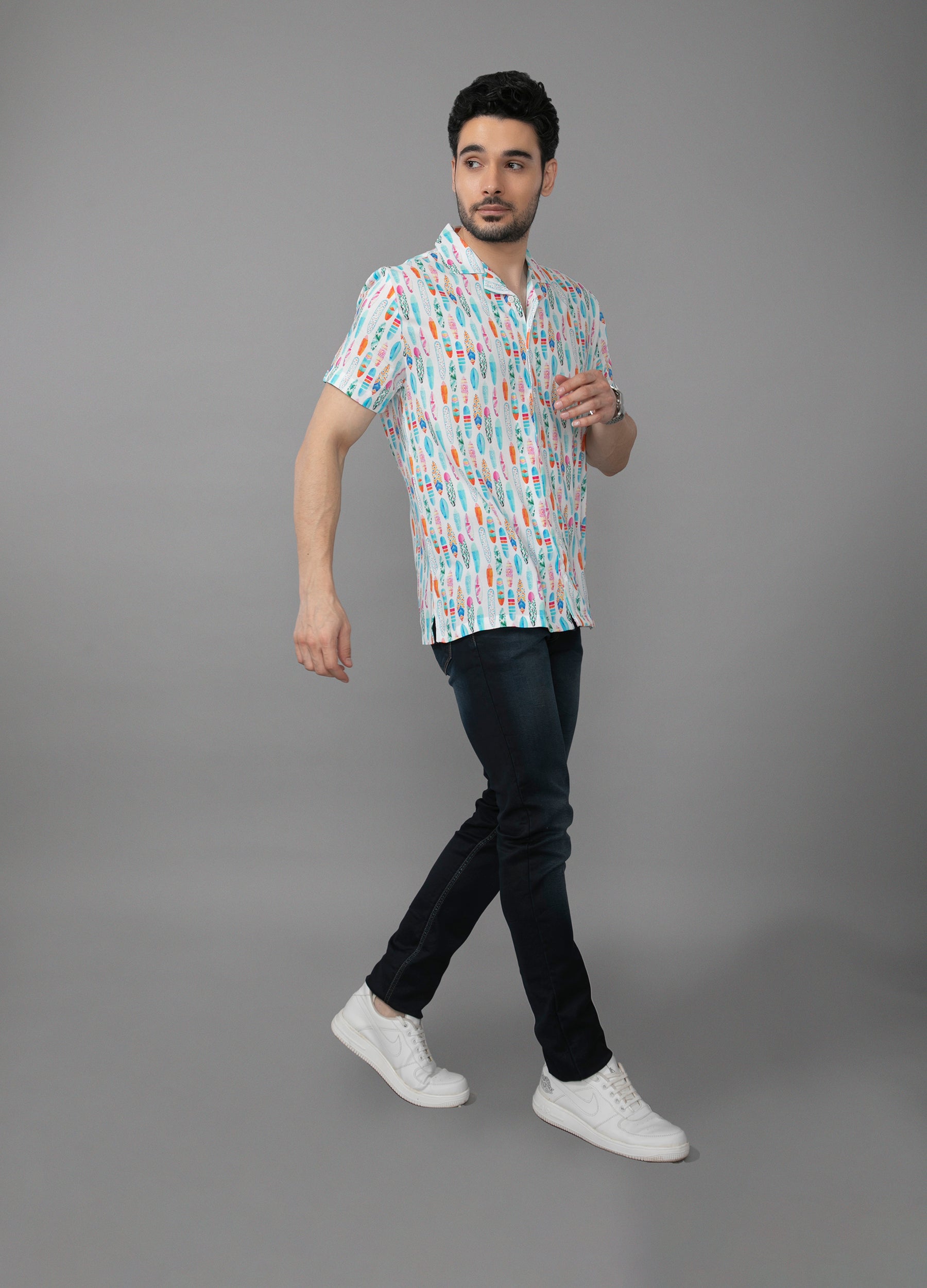 Surf Neon: Camp Collar Surfboard Print Shirt - Eggshell White