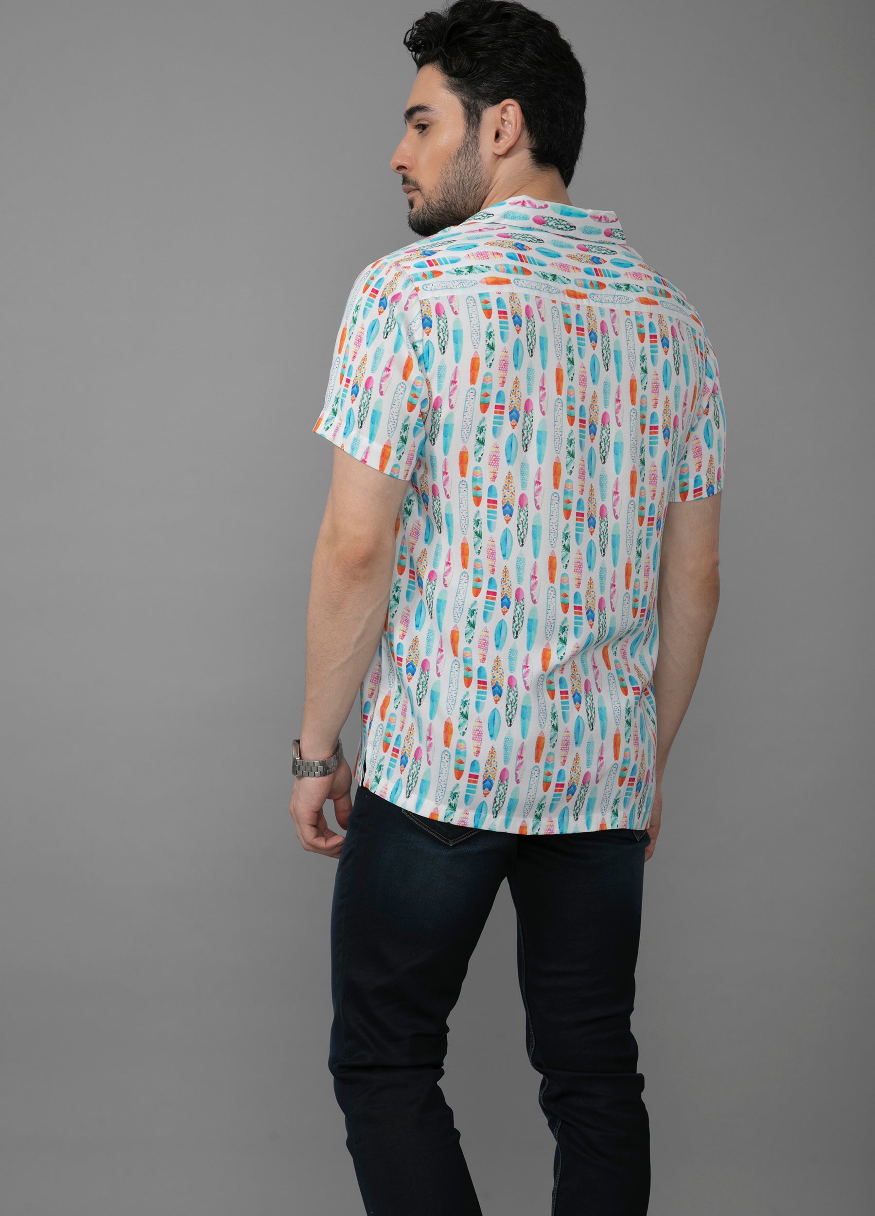 Surf Neon: Camp Collar Surfboard Print Shirt - Eggshell White