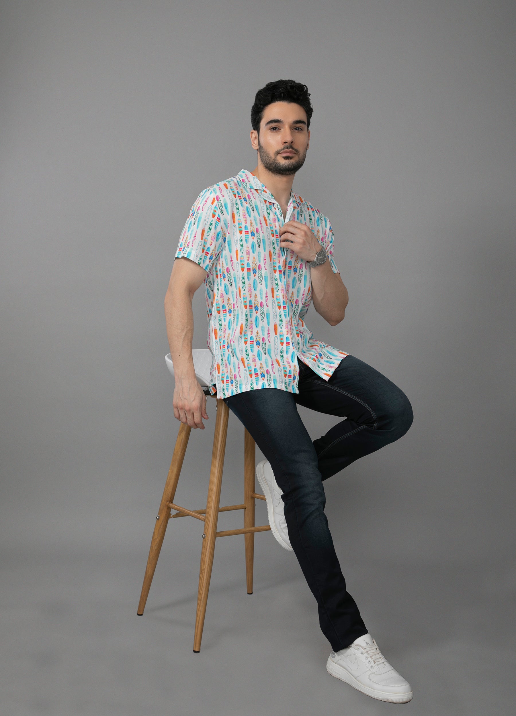 Surf Neon: Camp Collar Surfboard Print Shirt - Eggshell White