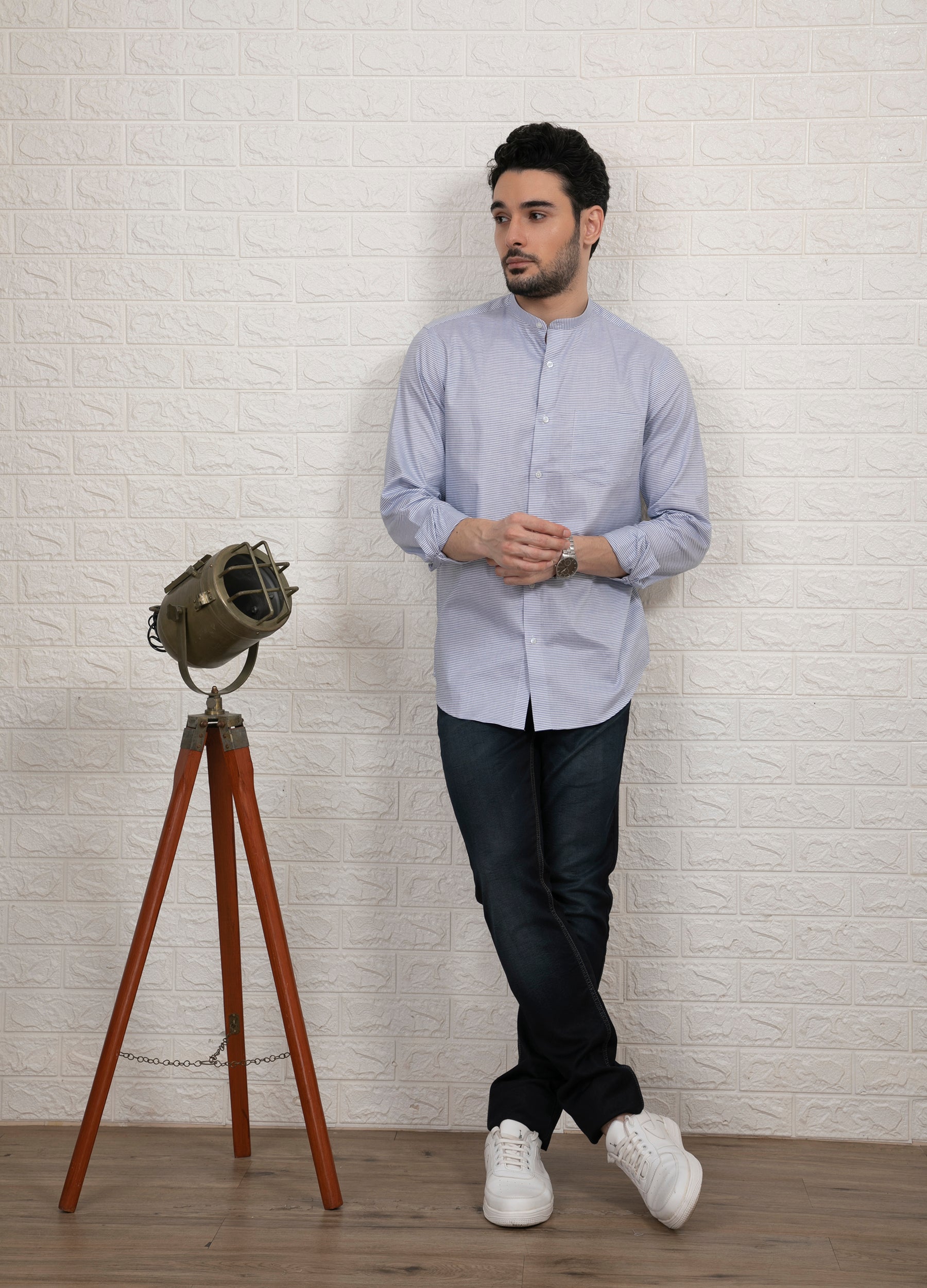 Band Collar Two Colour Casual Stripe Shirt White