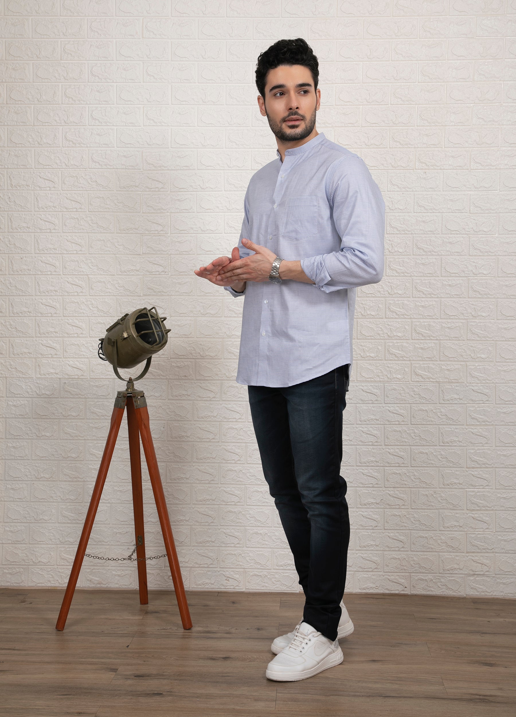 Band Collar Two Colour Casual Stripe Shirt White