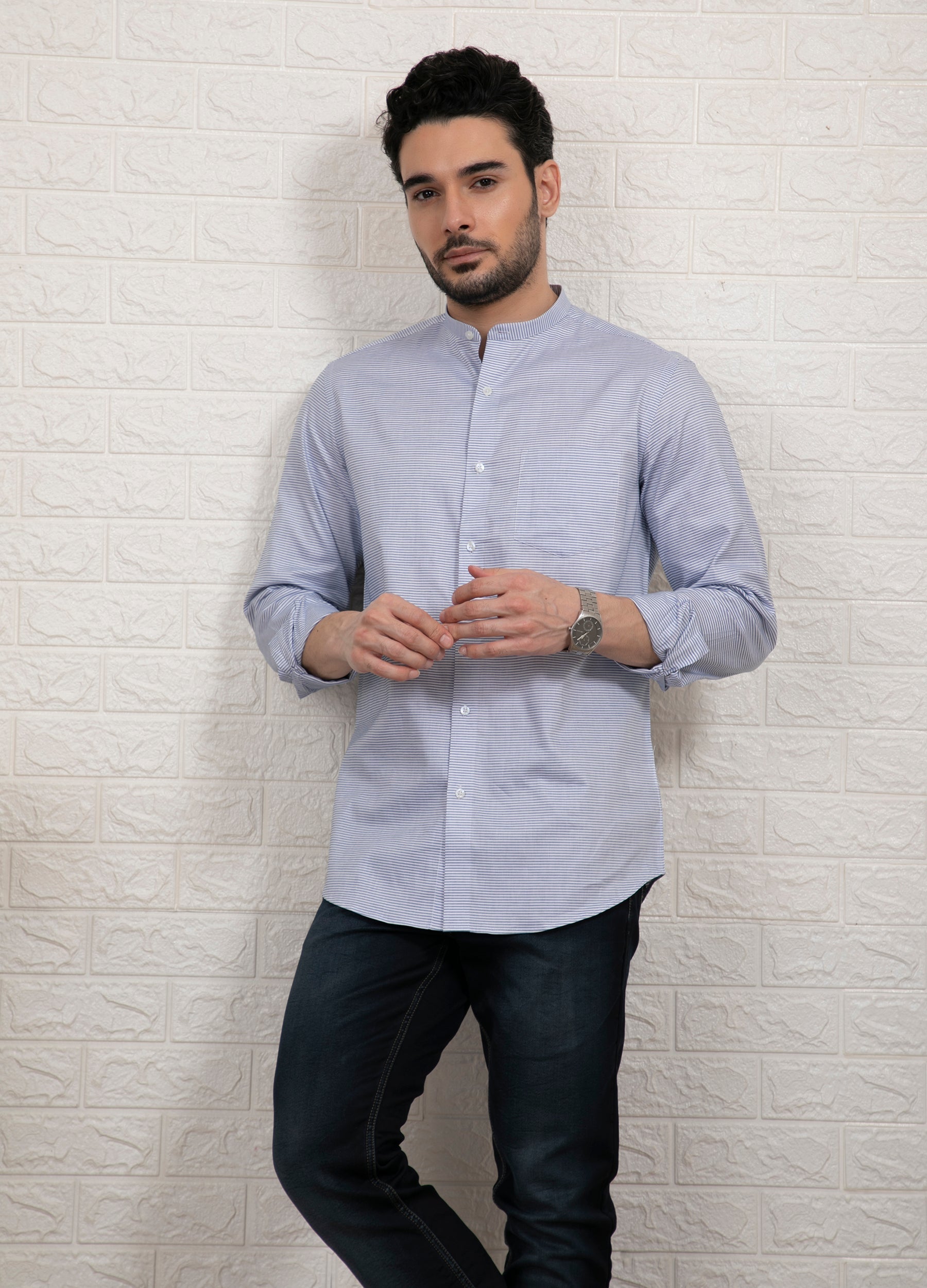 Band Collar Two Colour Casual Stripe Shirt White