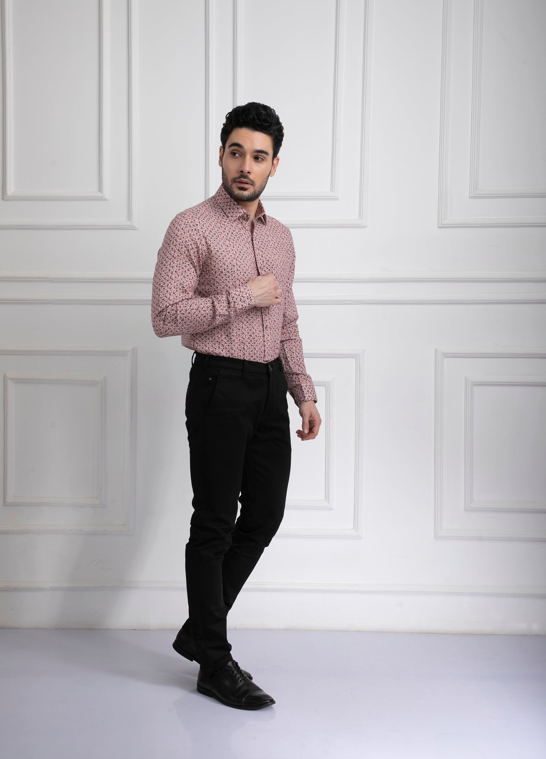 Point Collar Linen Tencel Vine Print Shirt - Poppy Pink