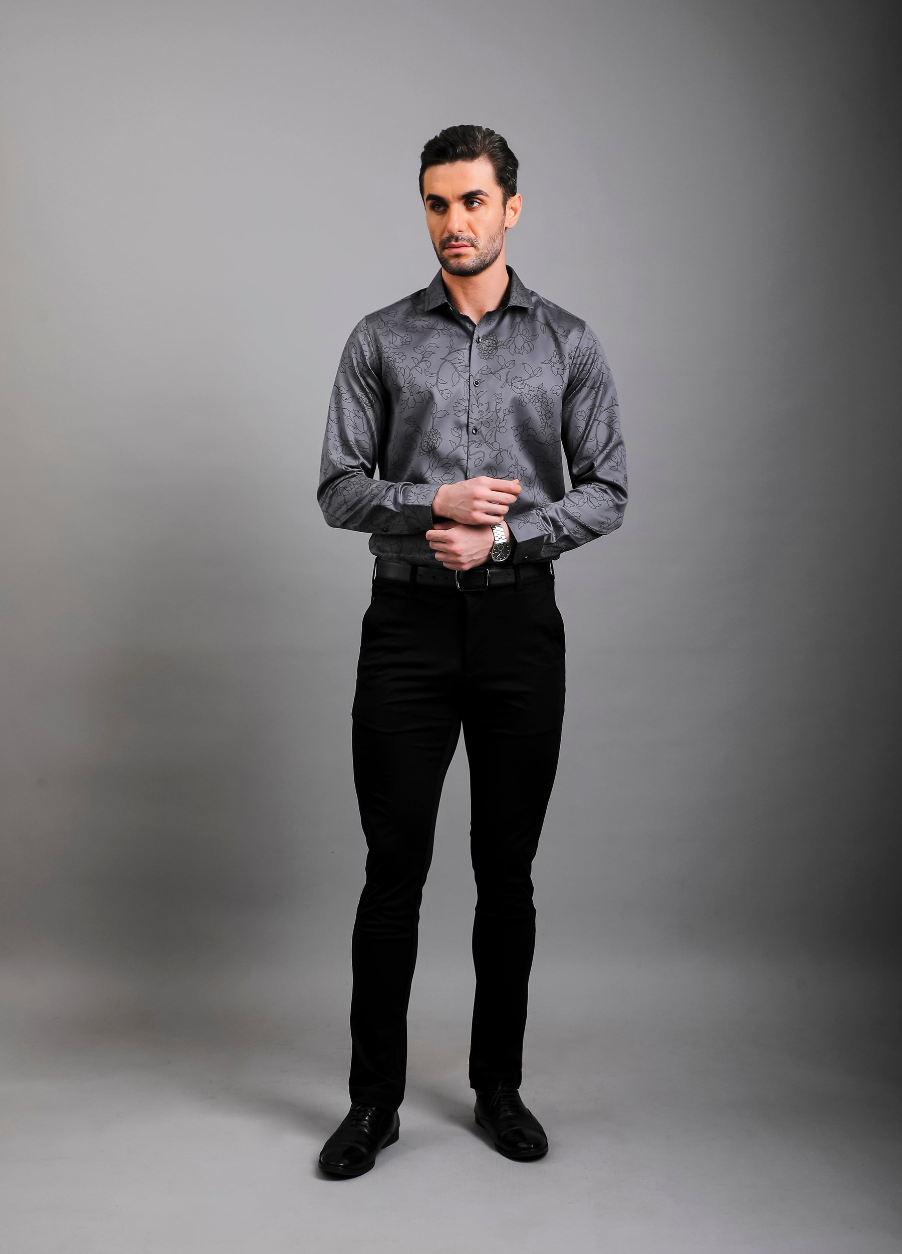 Grafi: Cutaway Collar Satin Floral Print Club Shirt - Silver
