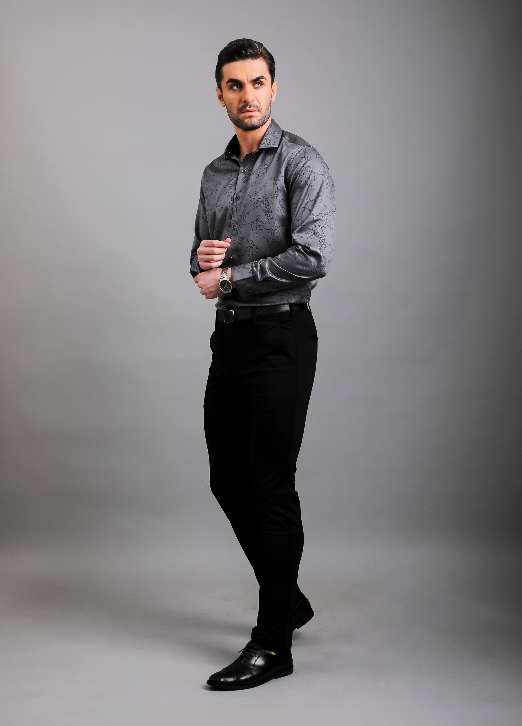 Grafi: Cutaway Collar Satin Floral Print Club Shirt - Silver