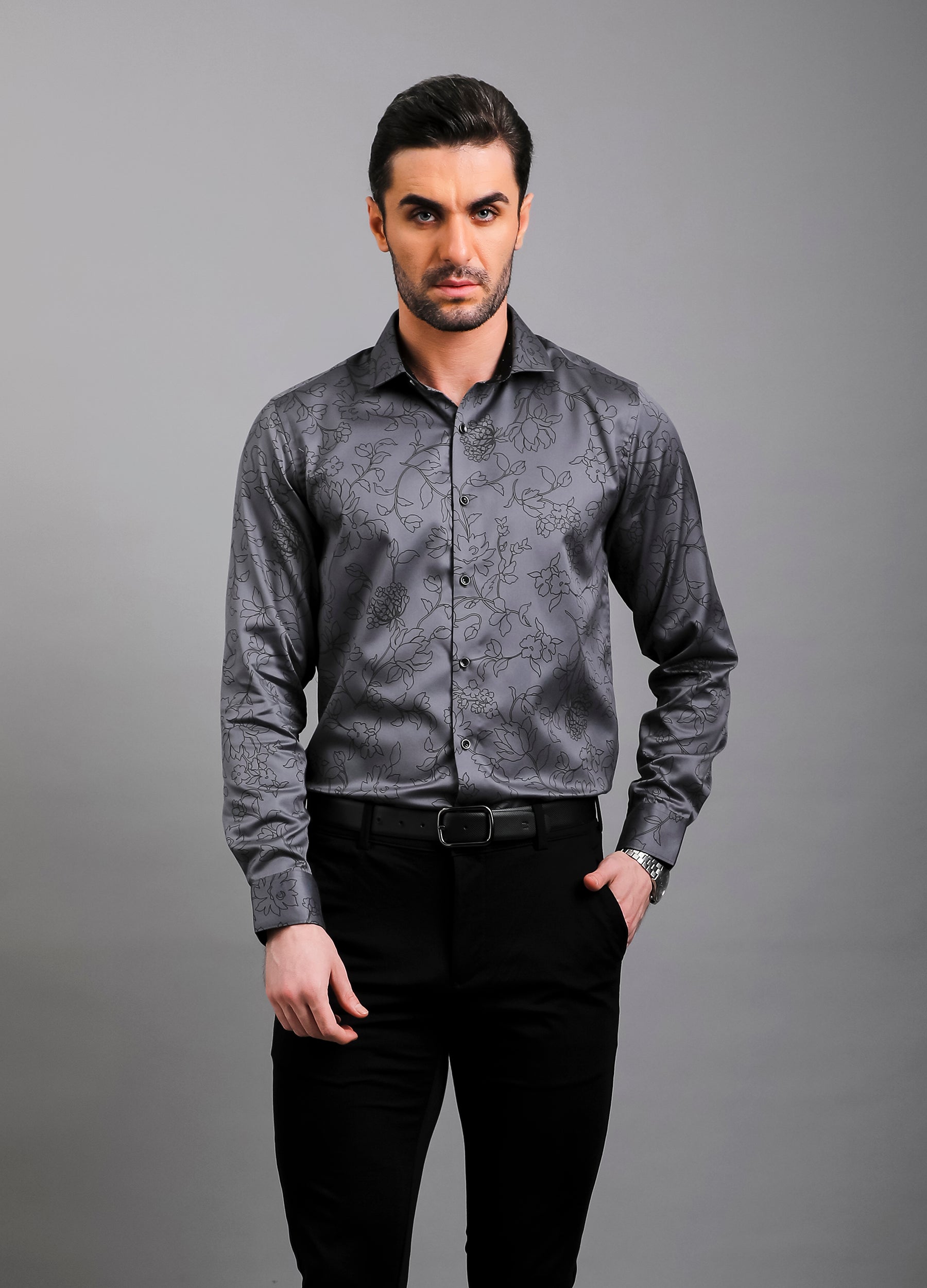 Grafi: Cutaway Collar Satin Floral Print Club Shirt - Silver