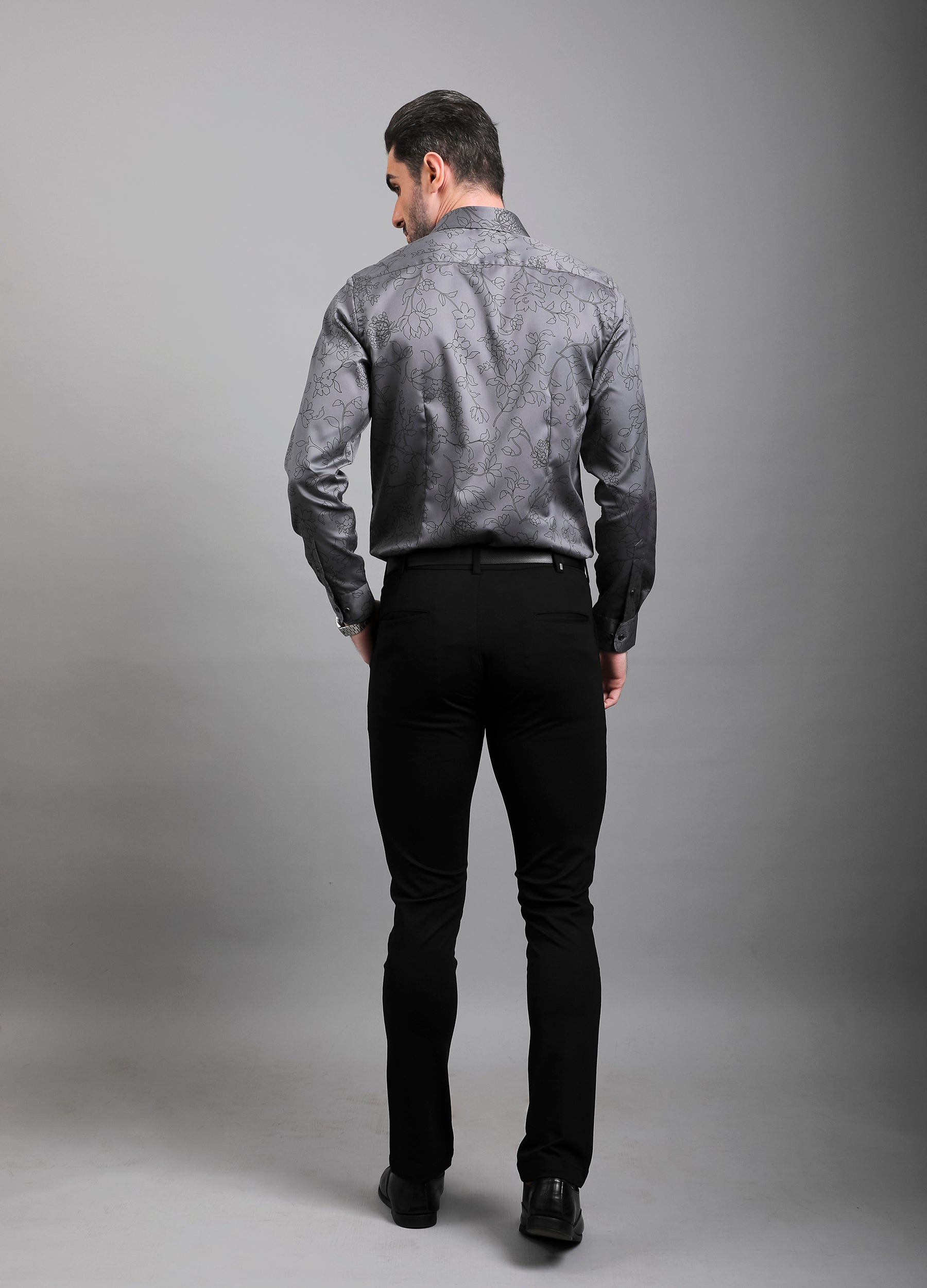 Grafi: Cutaway Collar Satin Floral Print Club Shirt - Silver