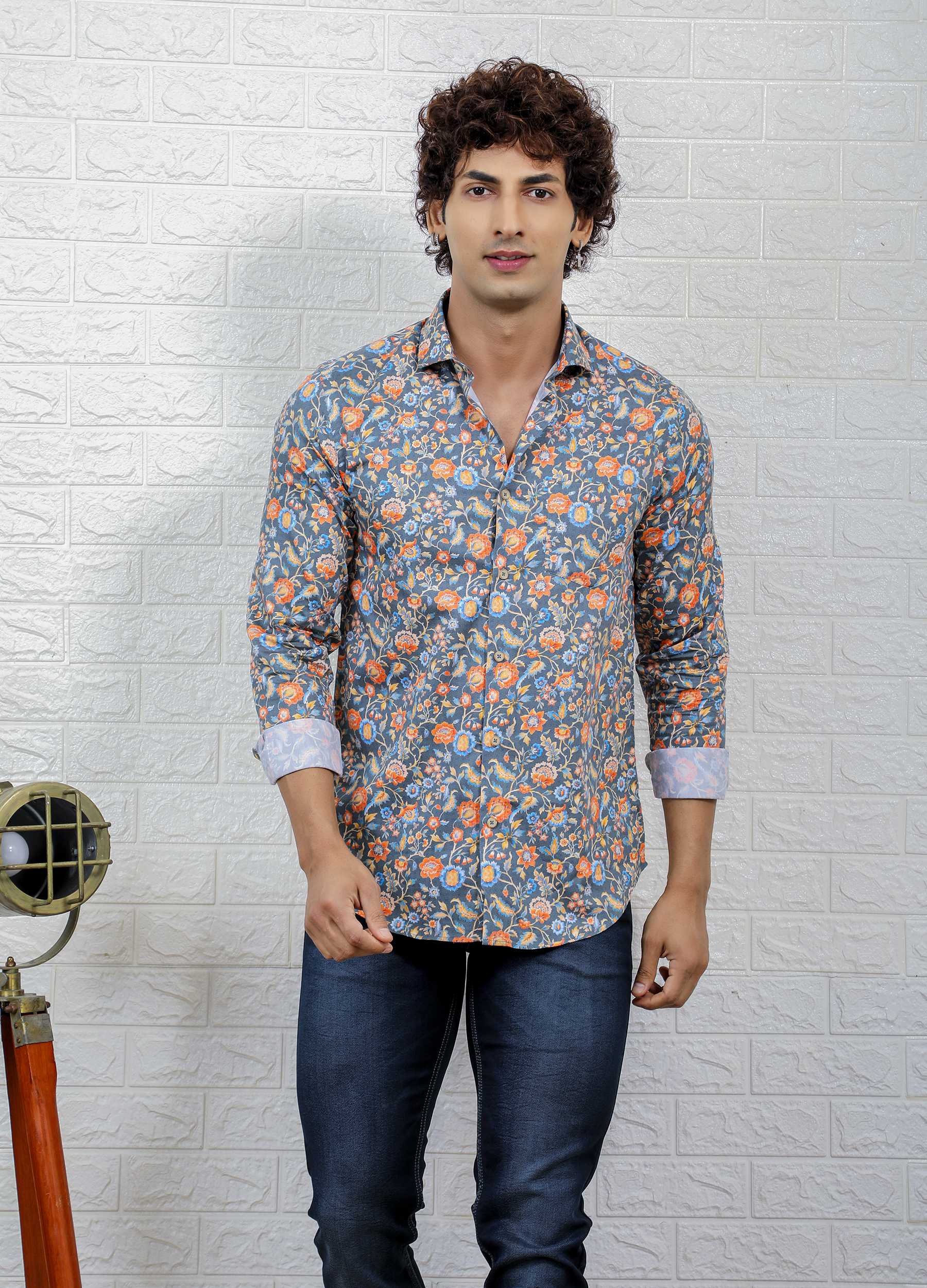 Kipo Noir: Cutaway Collar Satin Double Print Shirt - Outerspace Black