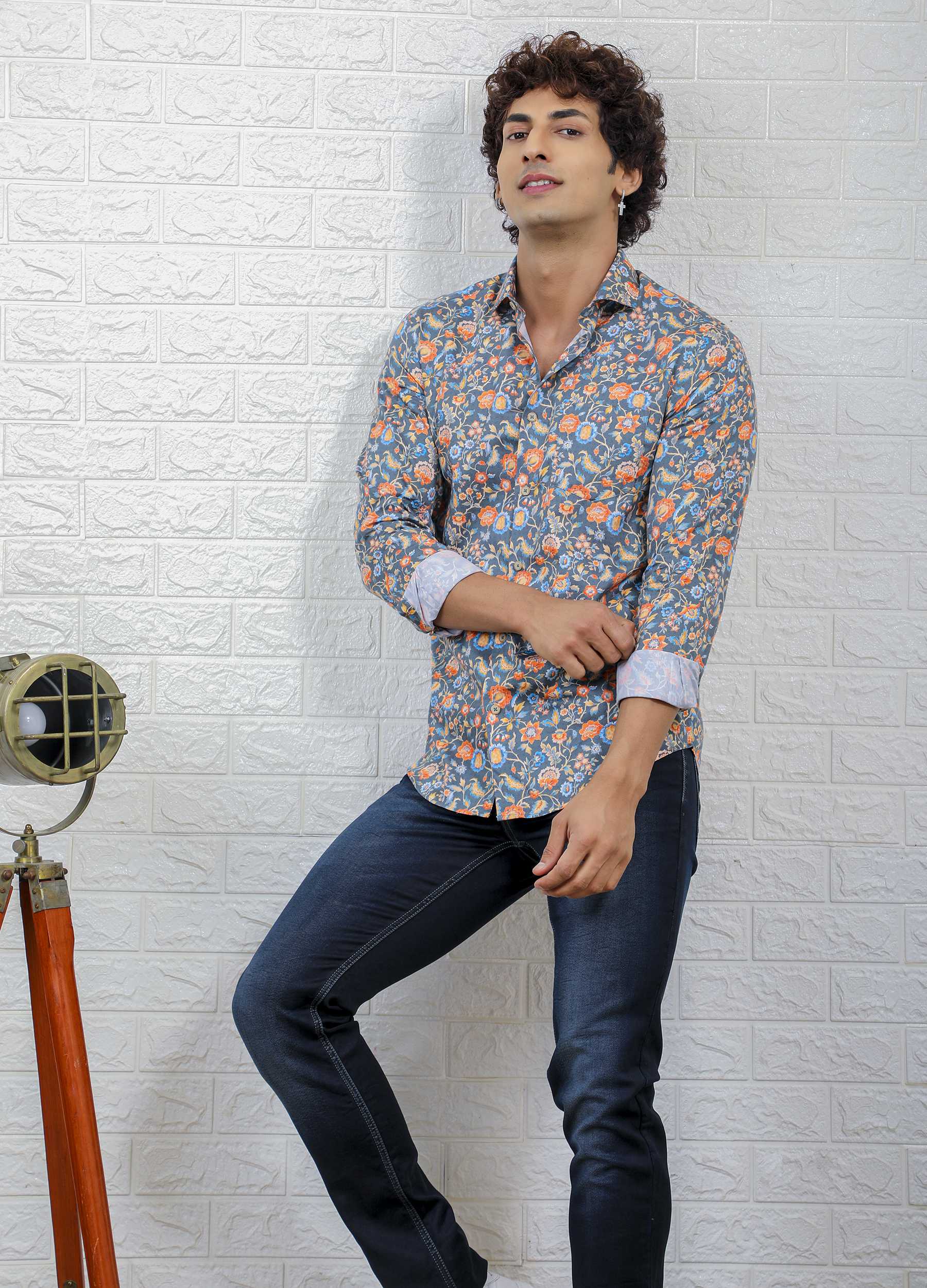 Kipo Noir: Cutaway Collar Satin Double Print Shirt - Outerspace Black