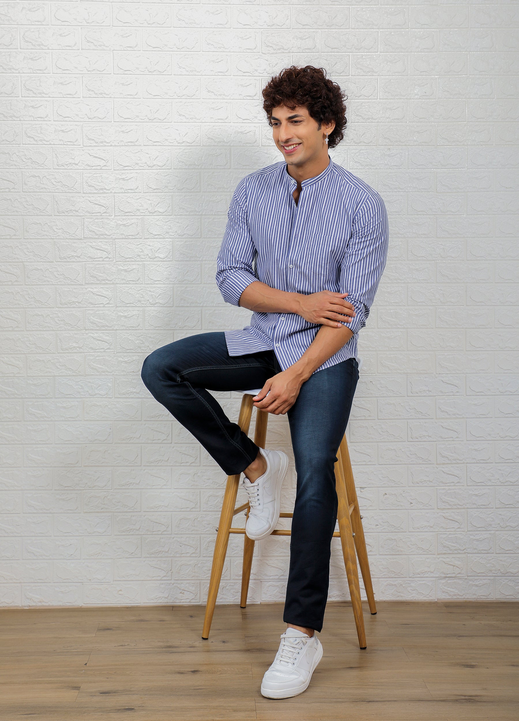 Band Collar Two Colour Casual Stripe Shirt - Yale Blue