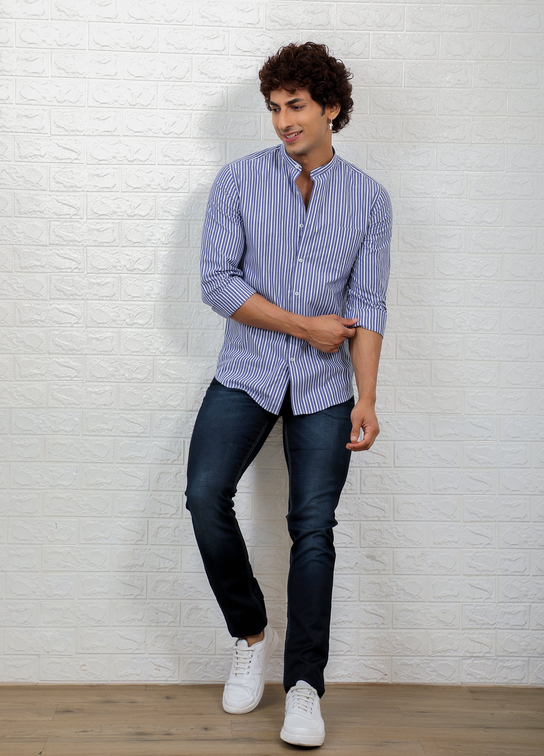 Band Collar Two Colour Casual Stripe Shirt - Yale Blue